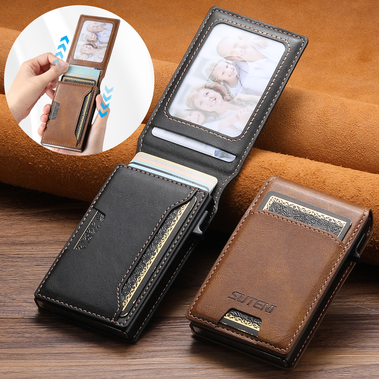 SUTENI KH2YL PU Leather With Card Holder For Men Wallet Card Slot Wallet Flip Cover card box Pressing The Button Automatically Ejects The Card