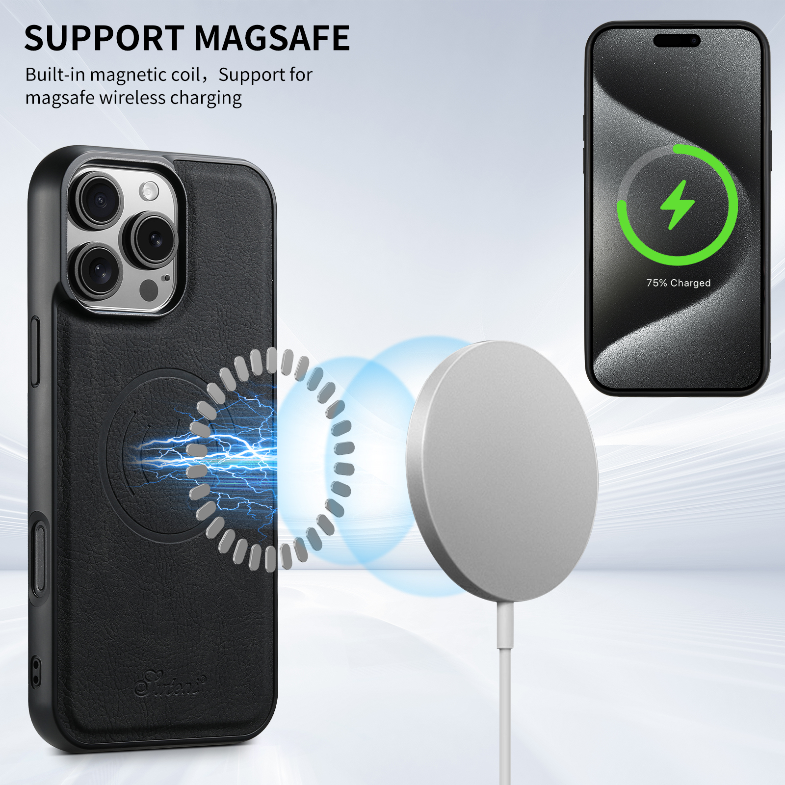 SUTENI Wireless Charging Phone Case Magnet Card Holder Stand PU Leather For iPhone 16 Pro Max 15 Plus 14 13 12