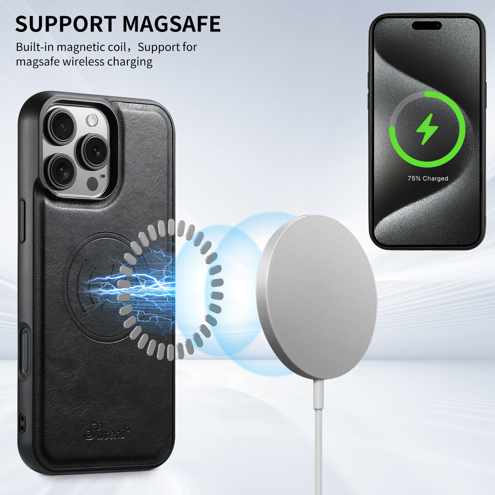 SUTENI Wireless Charging PU Leather Magnet Card Holder Stand Picture frame Phone Case For iPhone 16 Pro Max 15 Plus 14 13 12