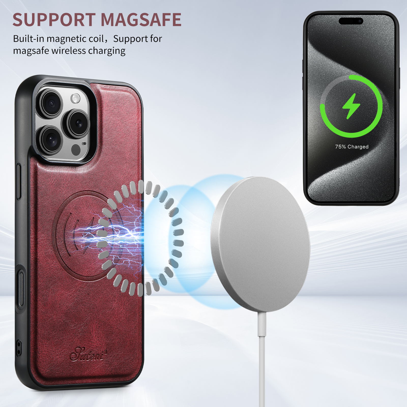 SUTENI H15 Wireless Charging Faux Leather Magnet Card Holder Stand Picture frame Phone Case For iPhone 17 Pro Max 16 Plus 15 14 13 12
