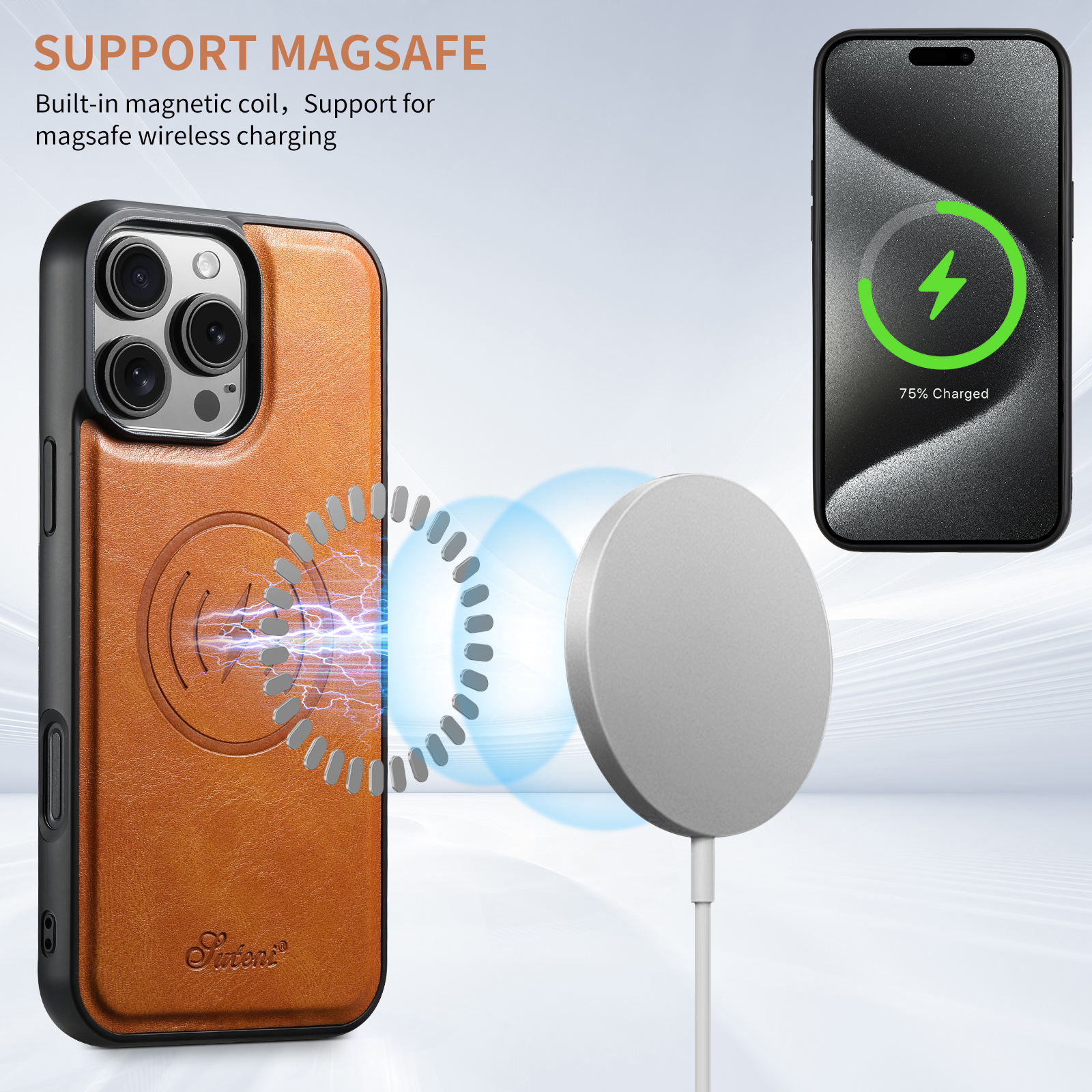 SUTENI H15 Wireless Charging Faux Leather Magnet Card Holder Stand Picture frame Phone Case For iPhone 17 Pro Max 16 Plus 15 14 13 12