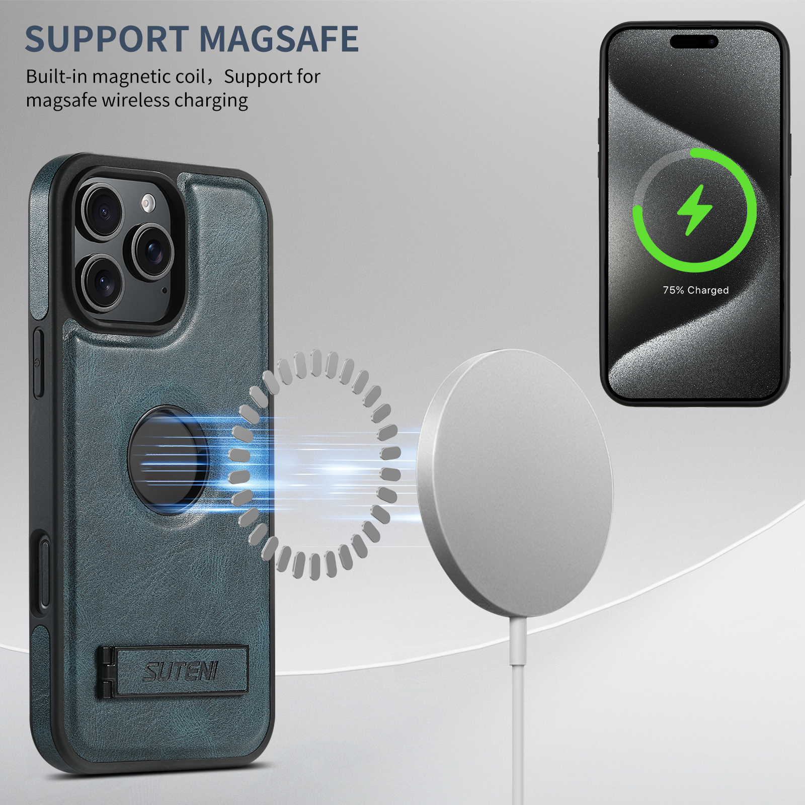 SUTENI Luxury PU Leather Phone Case Stand Wireless Charging Magnet For iPhone 16 Pro Max 15 Plus 14 Pro 13 12