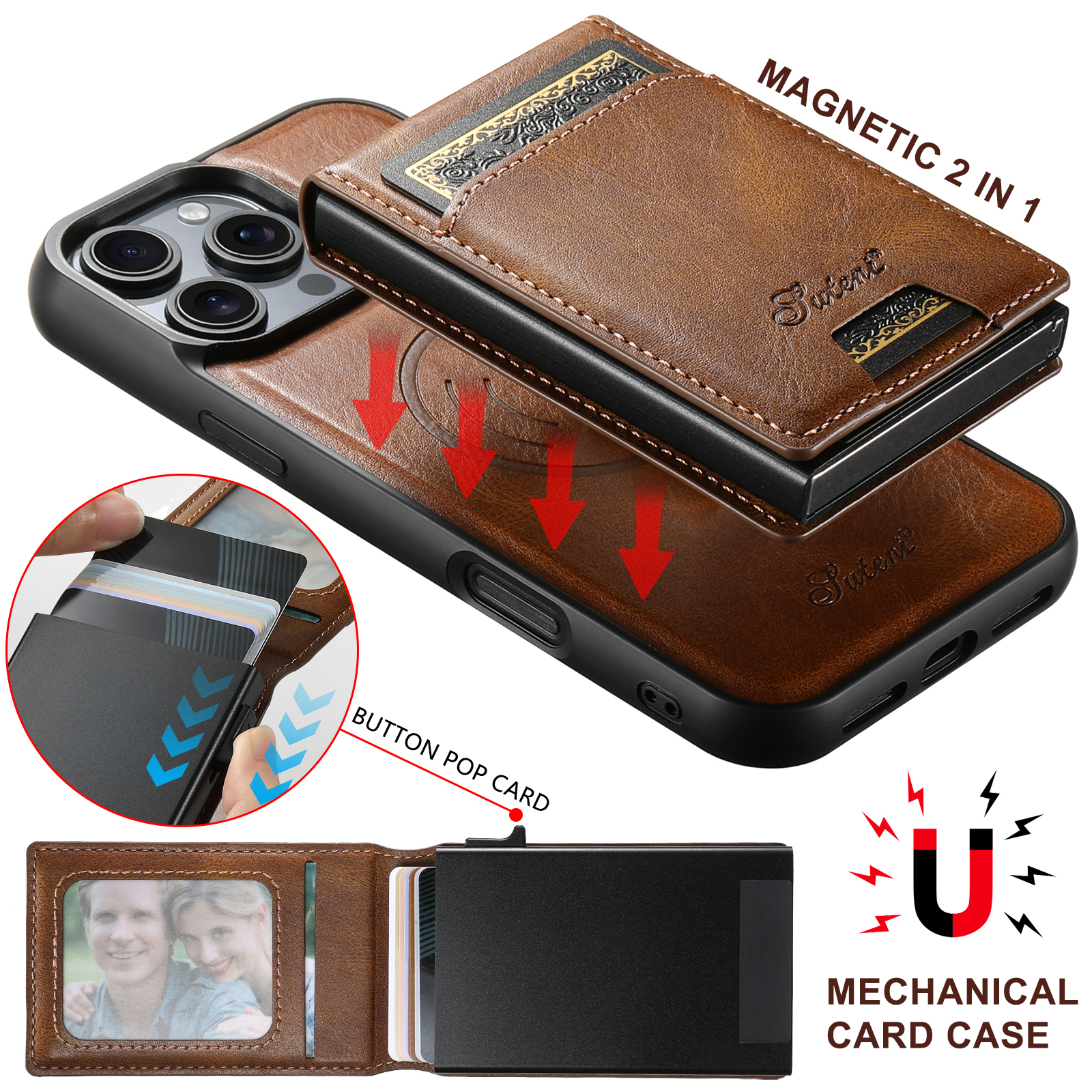 SUTENI Wireless Charging  Phone Case PU Leather Magnetic Card Slot Wallet Stand card box For iPhone 16 Pro Max 15 Plus 14 13 12