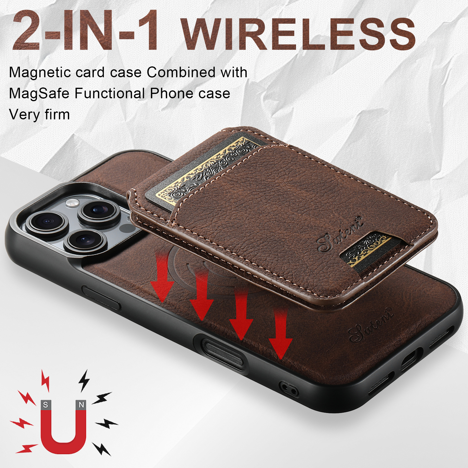 SUTENI Wireless Charging Phone Case Magnet Card Holder Stand PU Leather For iPhone 16 Pro Max 15 Plus 14 13 12