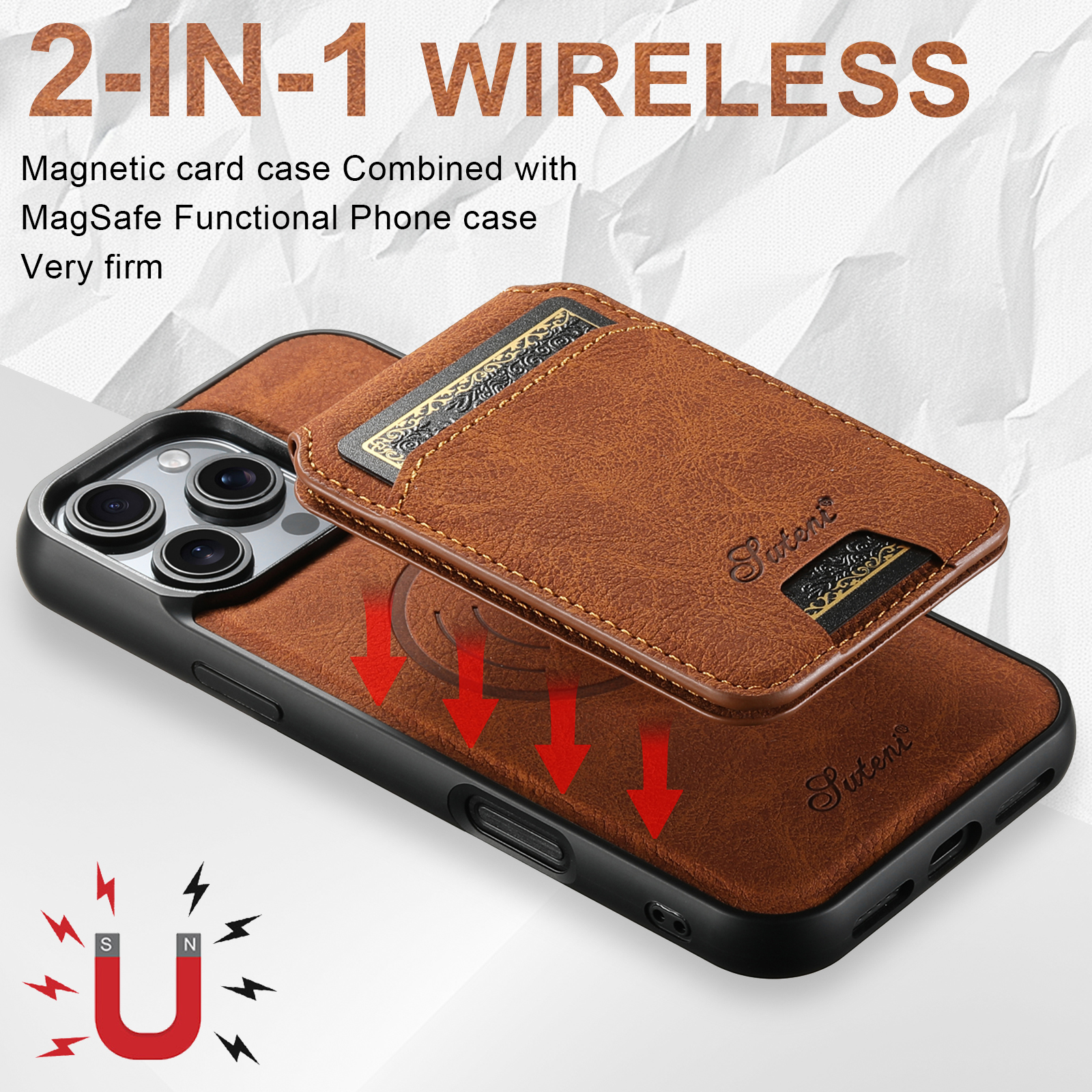 SUTENI H16 Wireless Charging Phone Case Magnet Card Holder Stand PU Leather For iPhone 16 Pro Max 15 Plus 14 13 12