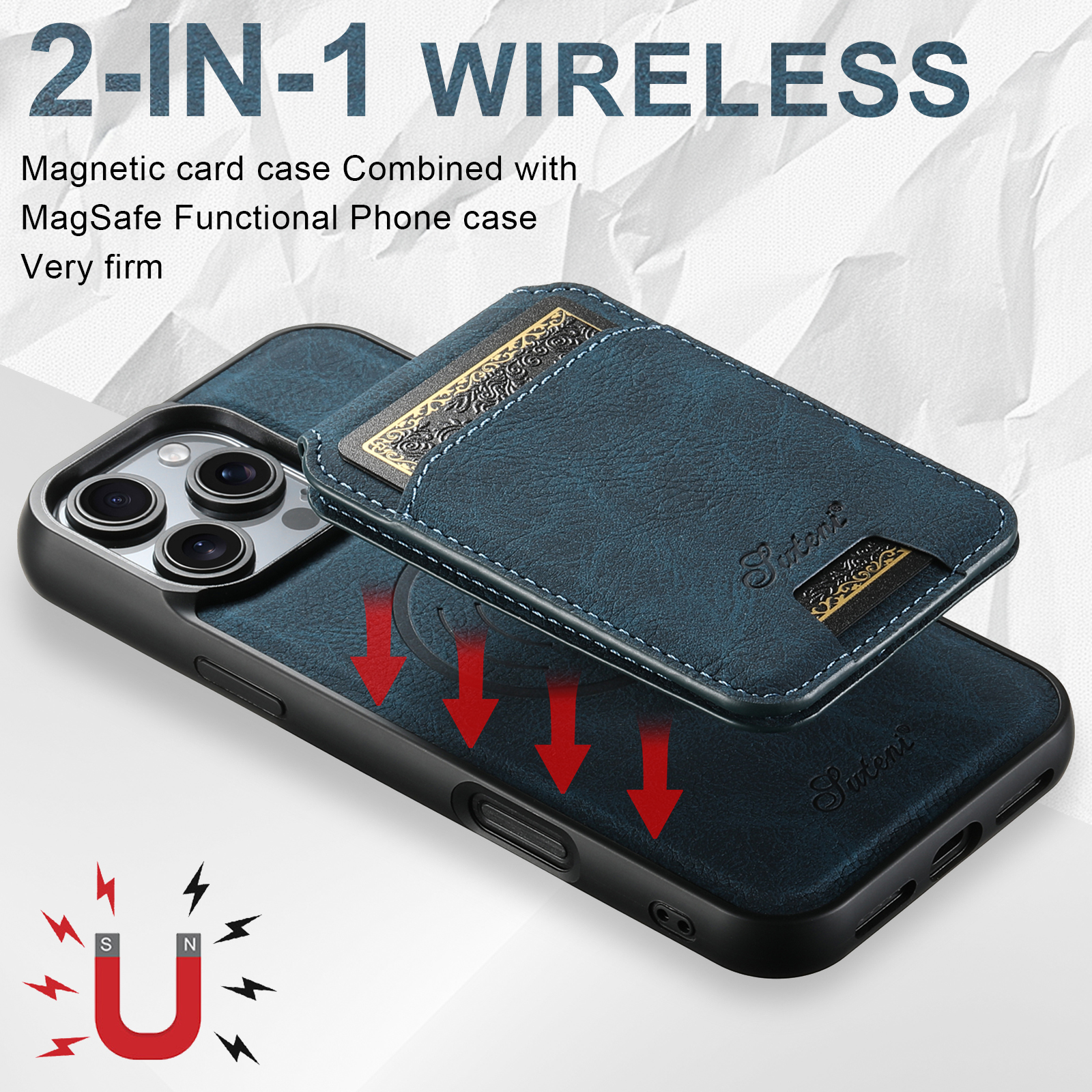 SUTENI Wireless Charging Phone Case Magnet Card Holder Stand PU Leather For iPhone 16 Pro Max 15 Plus 14 13 12