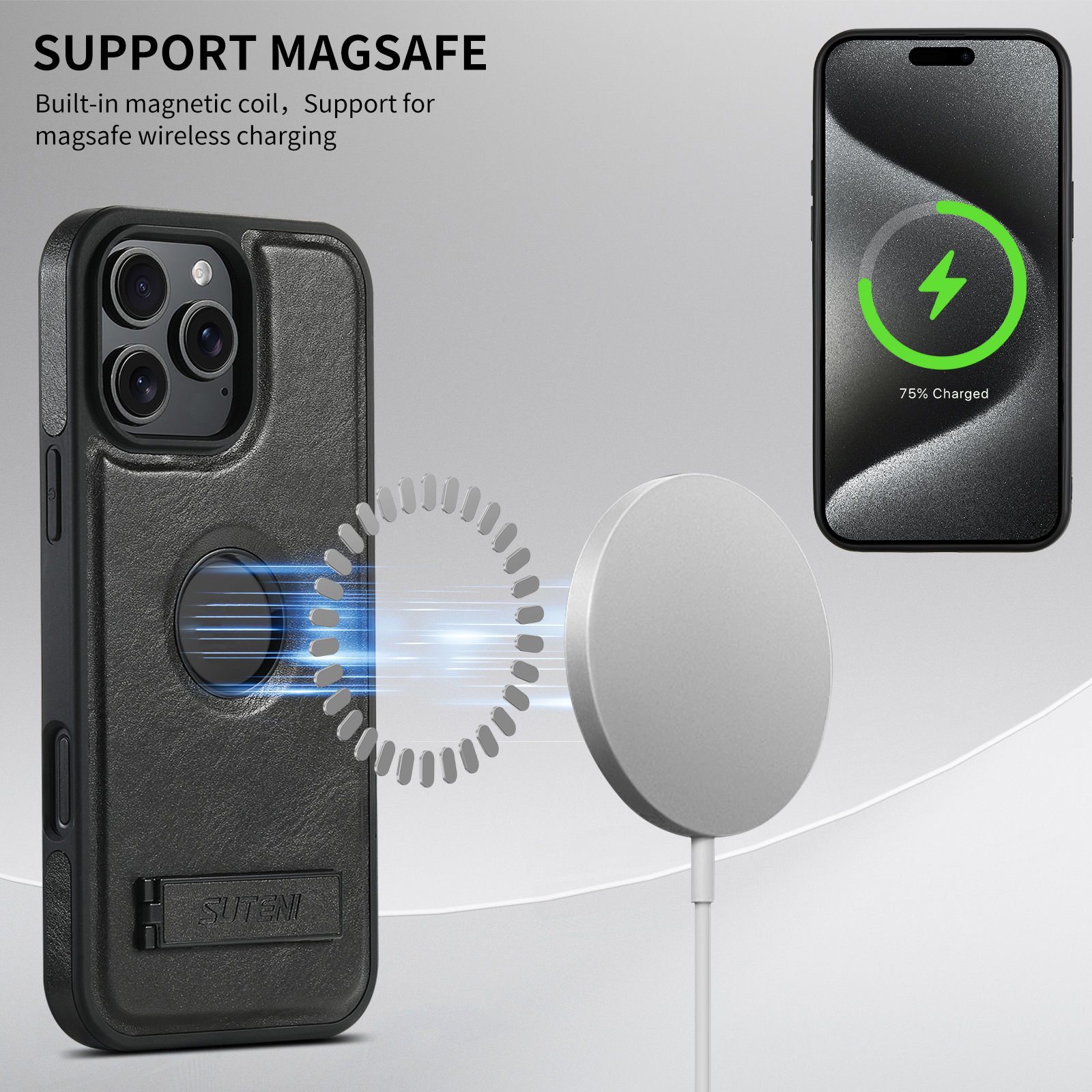 SUTENI Luxury PU Leather Phone Case Stand Wireless Charging Magnet For iPhone 16 Pro Max 15 Plus 14 Pro 13 12