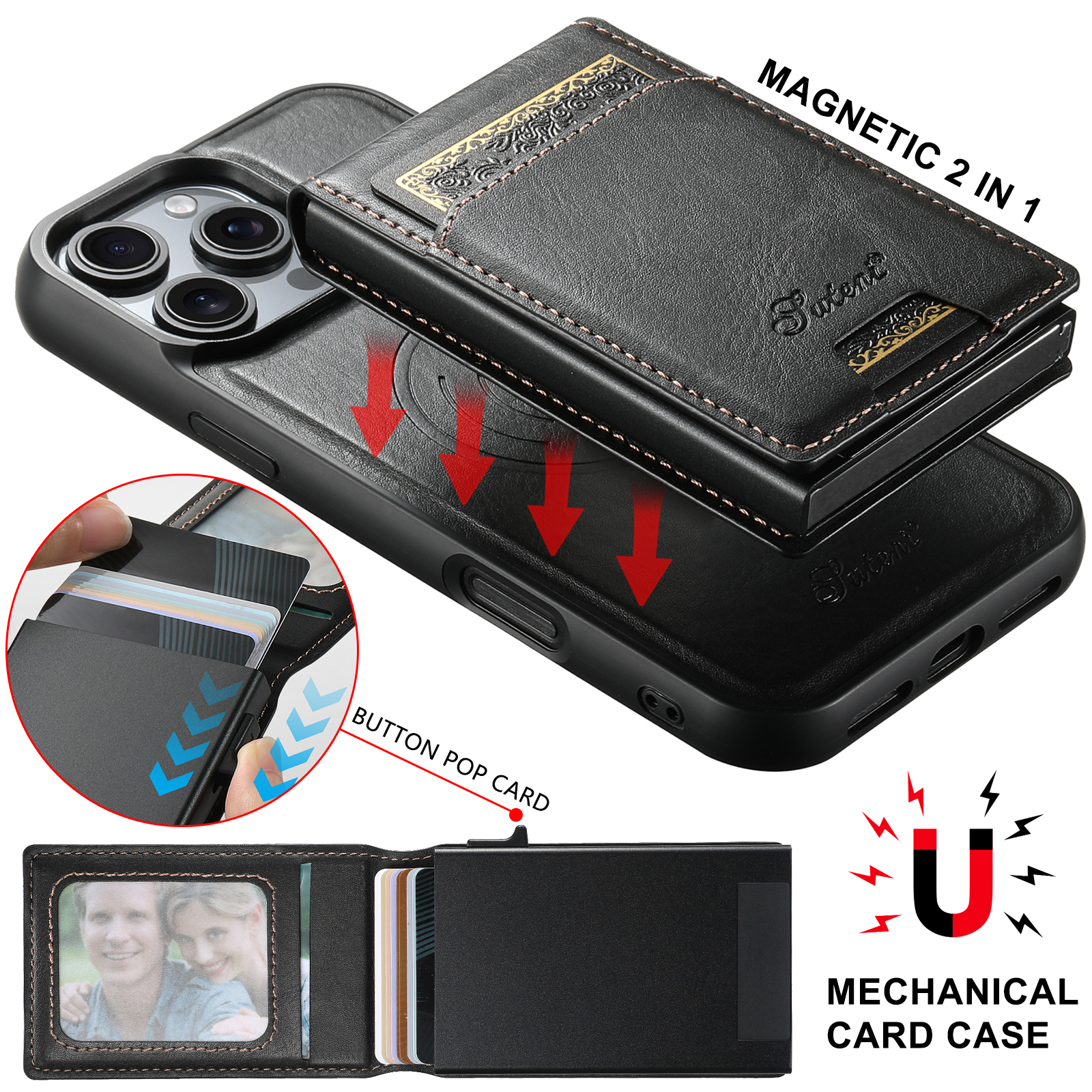SUTENI Wireless Charging  Phone Case PU Leather Magnetic Card Slot Wallet Stand card box For iPhone 16 Pro Max 15 Plus 14 13 12