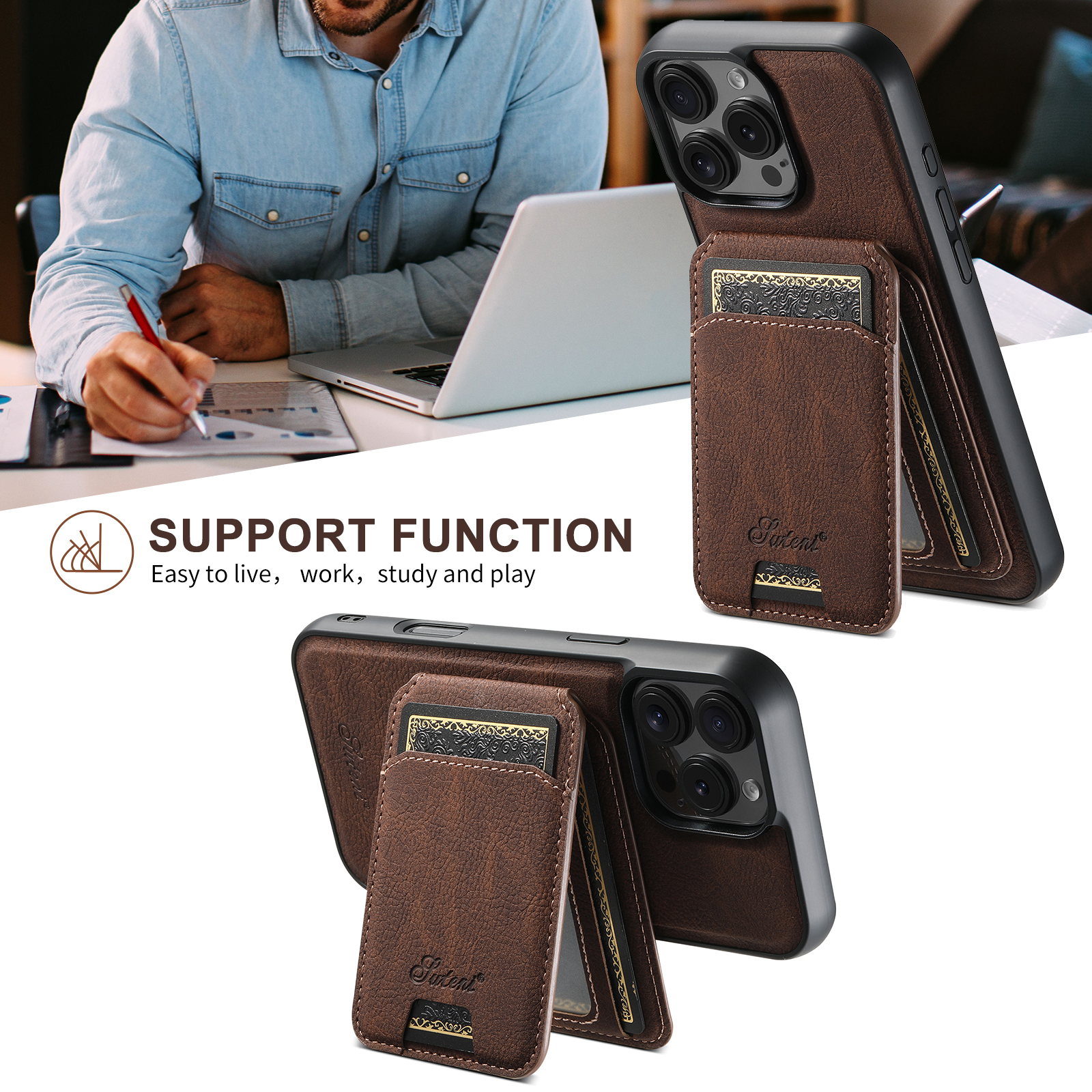 SUTENI Wireless Charging Phone Case Magnet Card Holder Stand PU Leather For iPhone 16 Pro Max 15 Plus 14 13 12