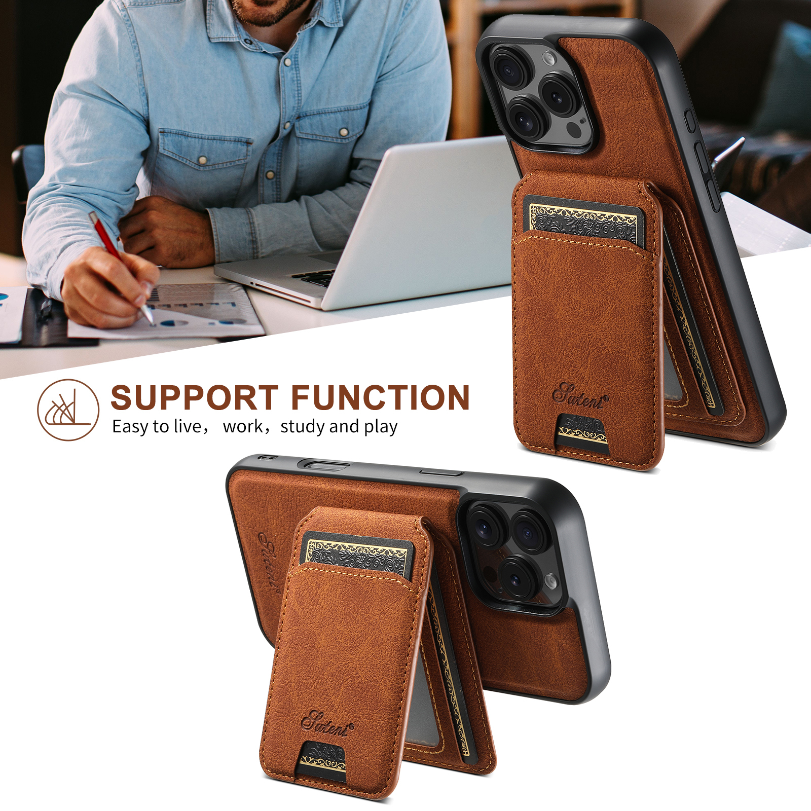 SUTENI H16 Wireless Charging Phone Case Magnet Card Holder Stand PU Leather For iPhone 16 Pro Max 15 Plus 14 13 12