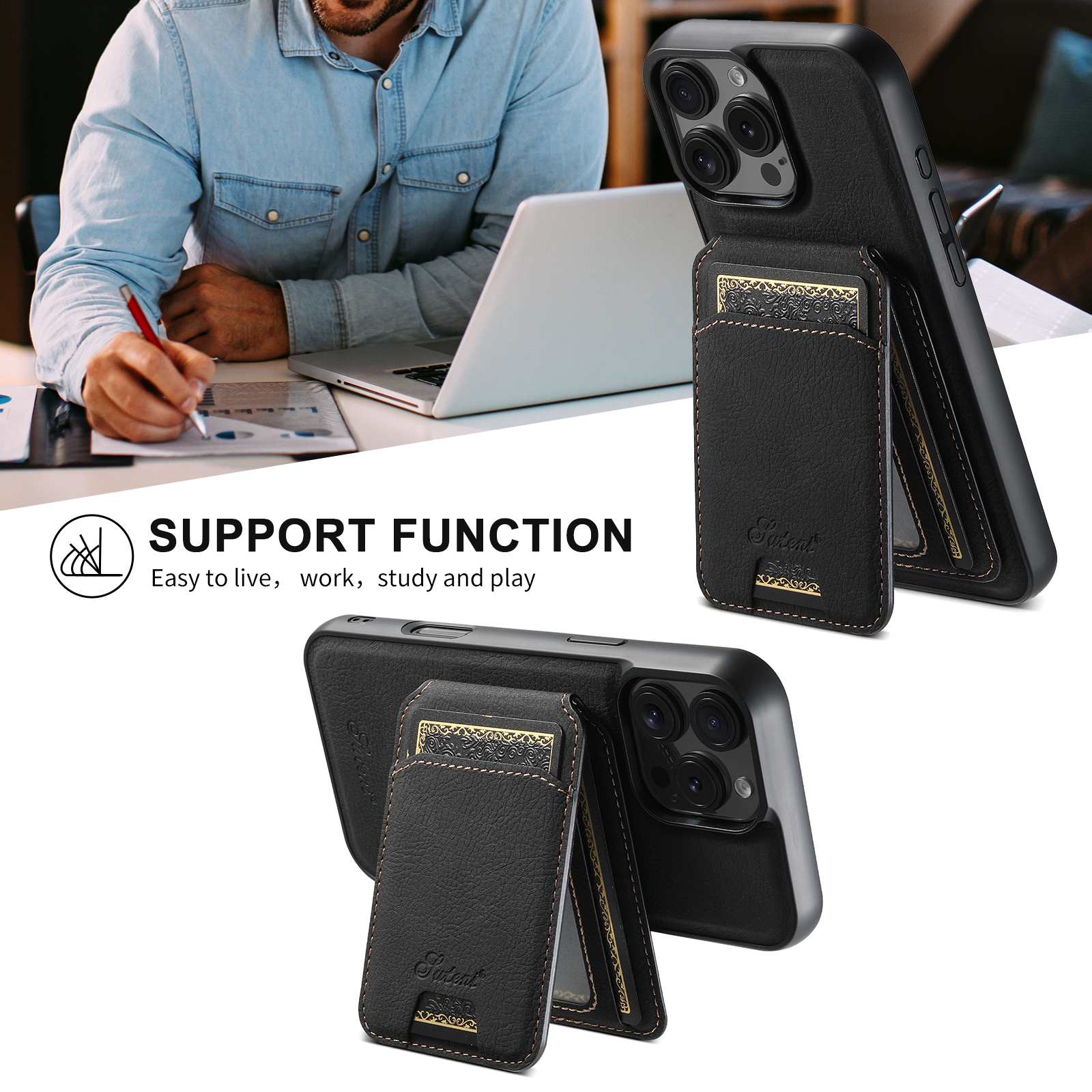 SUTENI Wireless Charging Phone Case Magnet Card Holder Stand PU Leather For iPhone 16 Pro Max 15 Plus 14 13 12