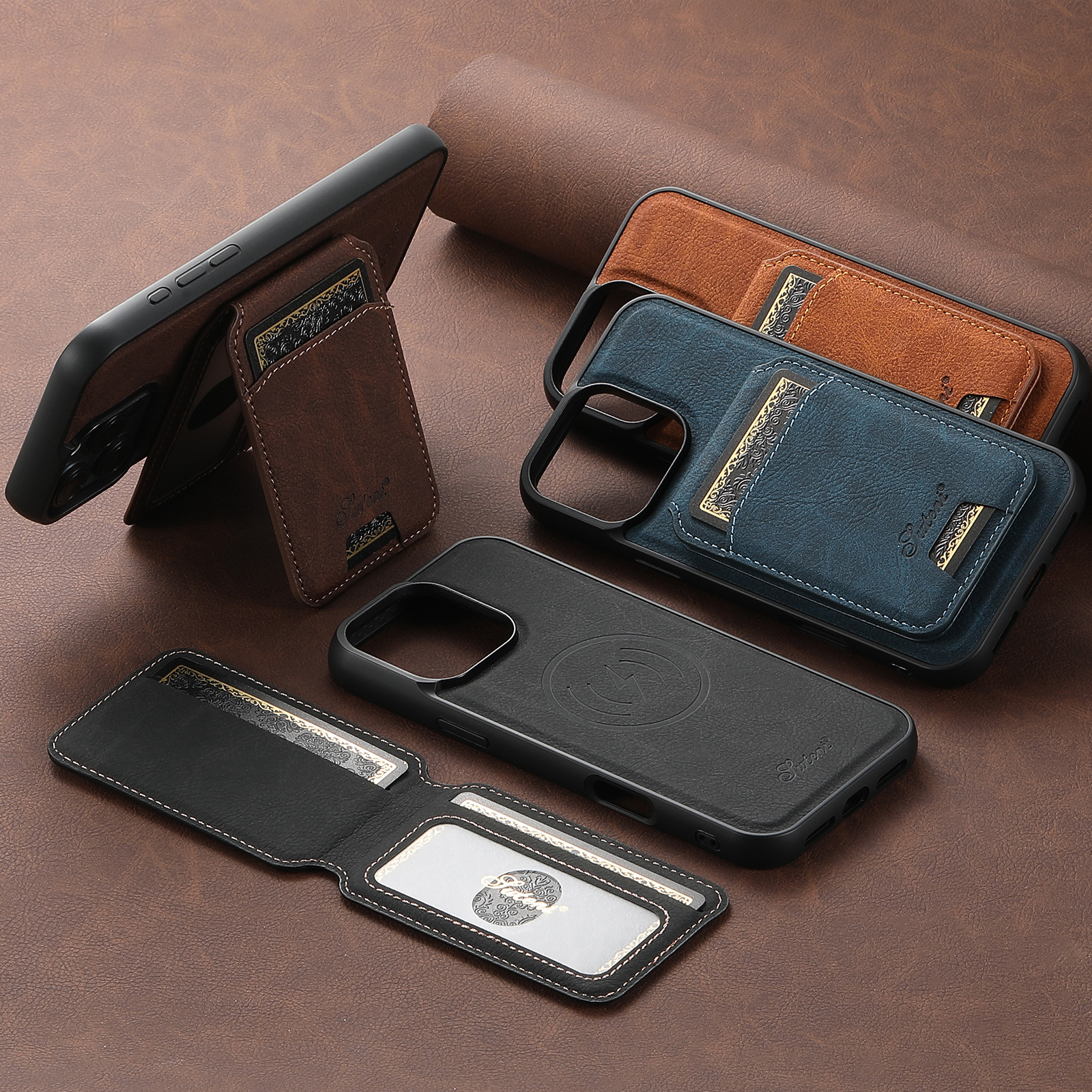 SUTENI Wireless Charging Phone Case Magnet Card Holder Stand PU Leather For iPhone 16 Pro Max 15 Plus 14 13 12