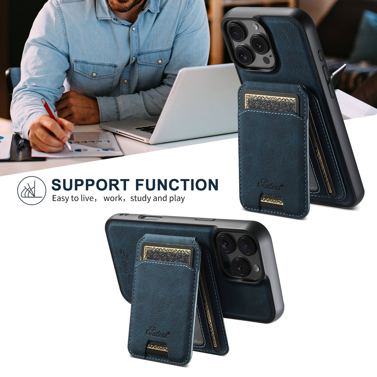 SUTENI H16 Wireless Charging Phone Case Magnet Card Holder Stand PU Leather For iPhone 16 Pro Max 15 Plus 14 13 12