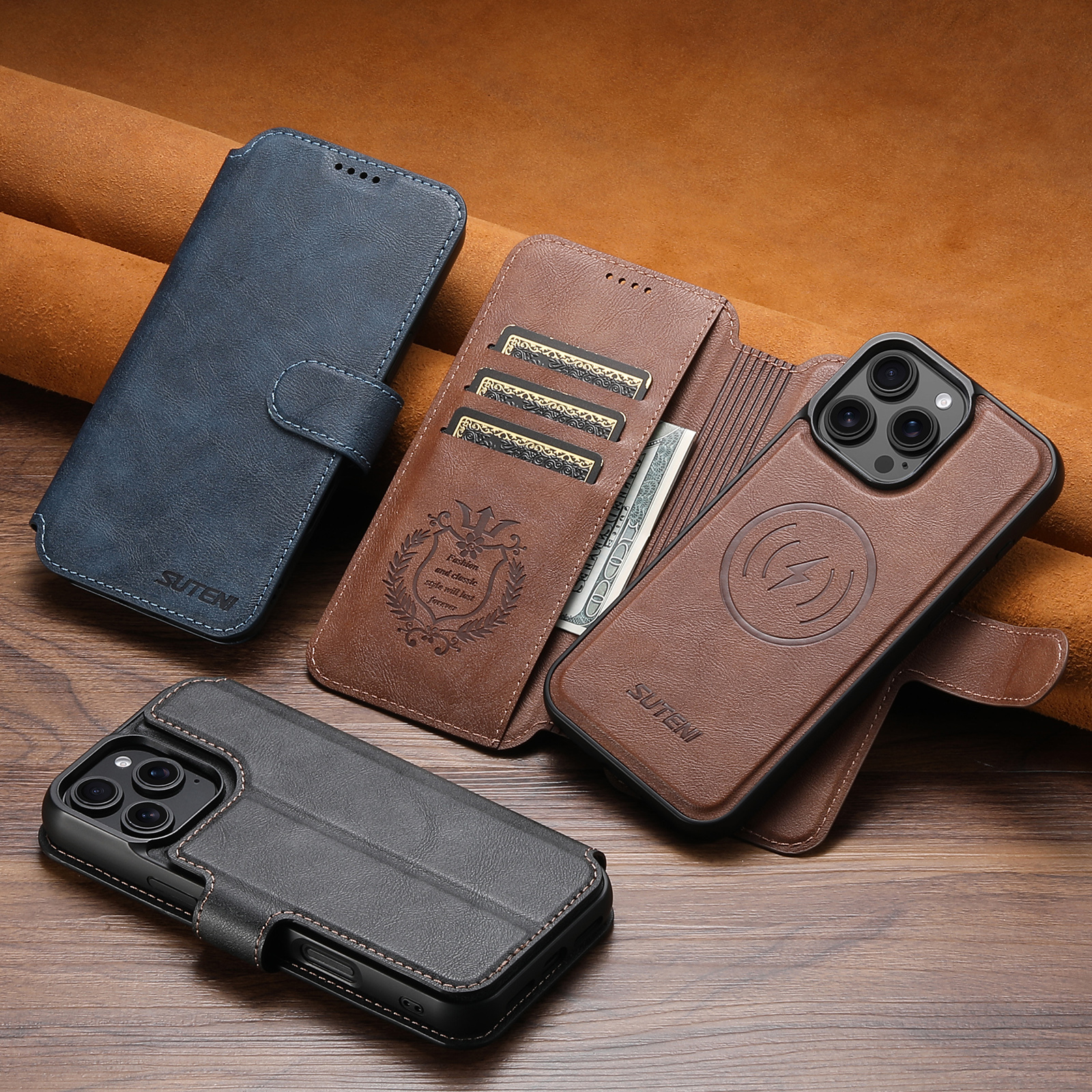 SUTENI PU Leather Wireless Charging Card Holder Stand Wallet Magnetic Flip Cover Phone Case For iPhone 16 Pro Max 15 Plus 14 13 12