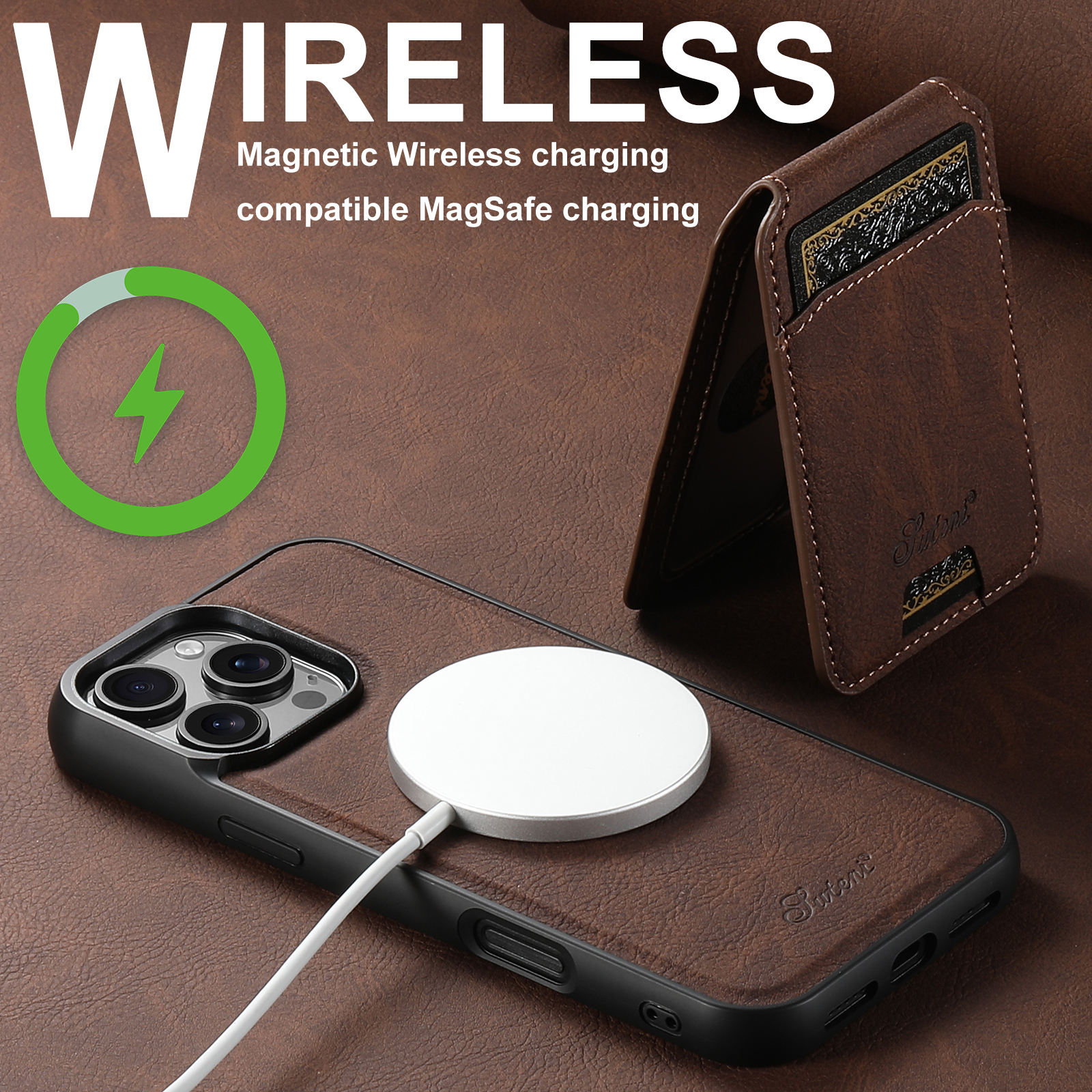 SUTENI Wireless Charging Phone Case Magnet Card Holder Stand PU Leather For iPhone 16 Pro Max 15 Plus 14 13 12