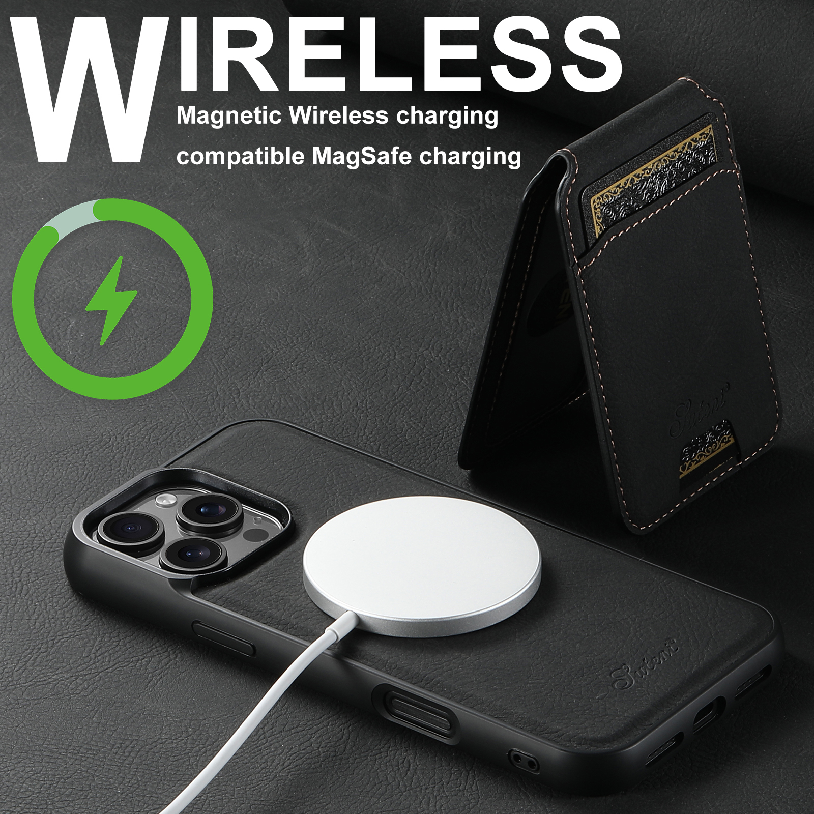 SUTENI Wireless Charging Phone Case Magnet Card Holder Stand PU Leather For iPhone 16 Pro Max 15 Plus 14 13 12