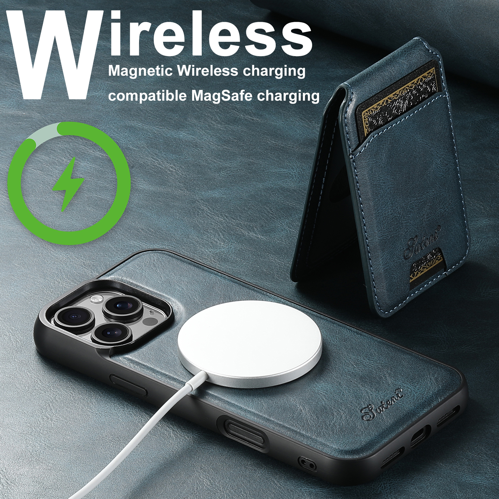 SUTENI H15 Wireless Charging Faux Leather Magnet Card Holder Stand Picture frame Phone Case For iPhone 17 Pro Max 16 Plus 15 14 13 12
