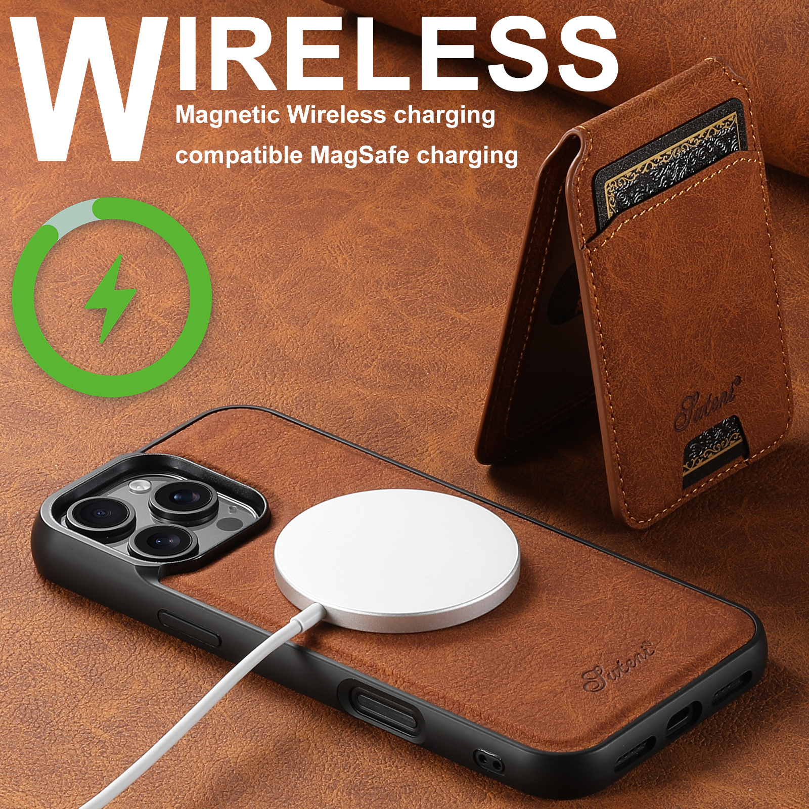SUTENI H16 Wireless Charging Phone Case Magnet Card Holder Stand PU Leather For iPhone 16 Pro Max 15 Plus 14 13 12
