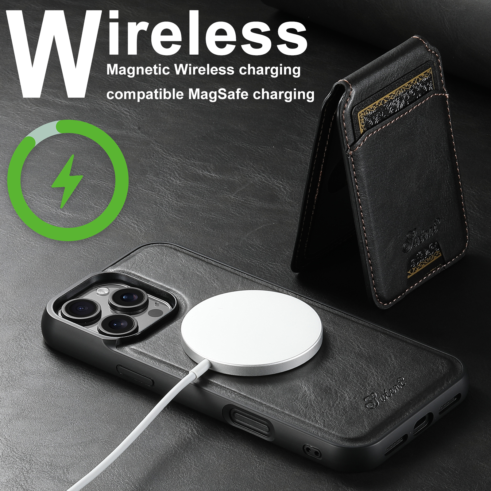 SUTENI Wireless Charging PU Leather Magnet Card Holder Stand Picture frame Phone Case For iPhone 16 Pro Max 15 Plus 14 13 12