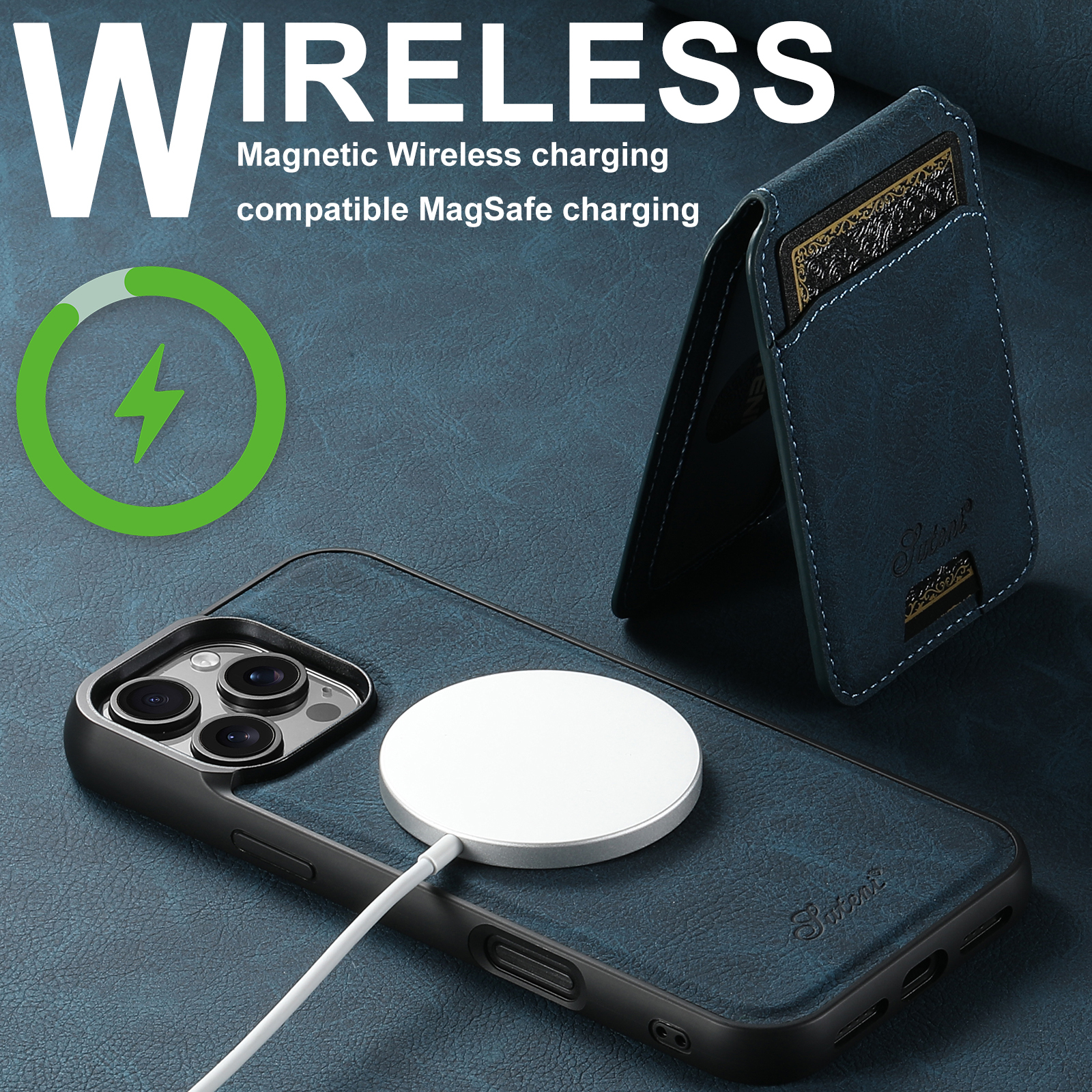 SUTENI Wireless Charging Phone Case Magnet Card Holder Stand PU Leather For iPhone 16 Pro Max 15 Plus 14 13 12