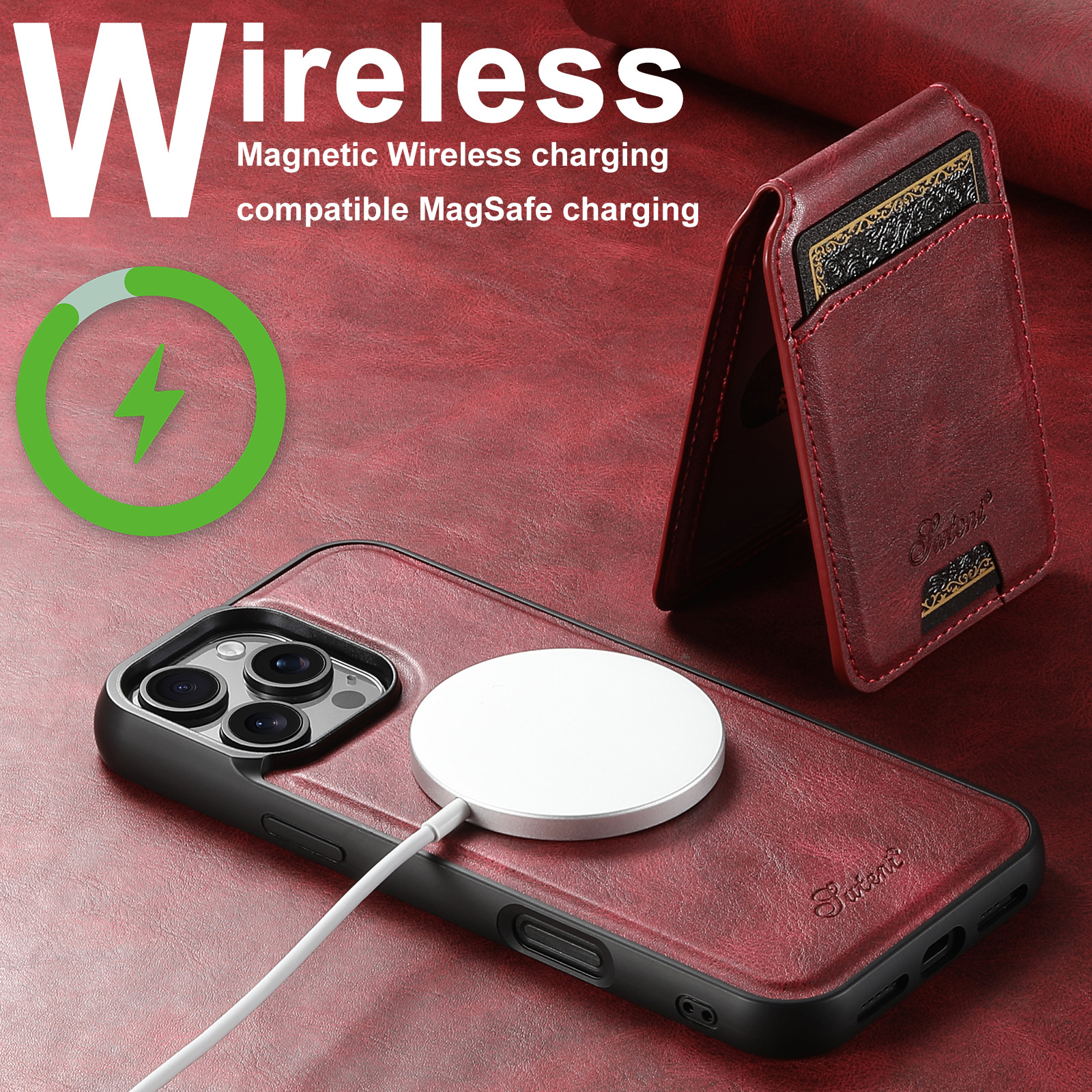SUTENI H15 Wireless Charging Faux Leather Magnet Card Holder Stand Picture frame Phone Case For iPhone 17 Pro Max 16 Plus 15 14 13 12