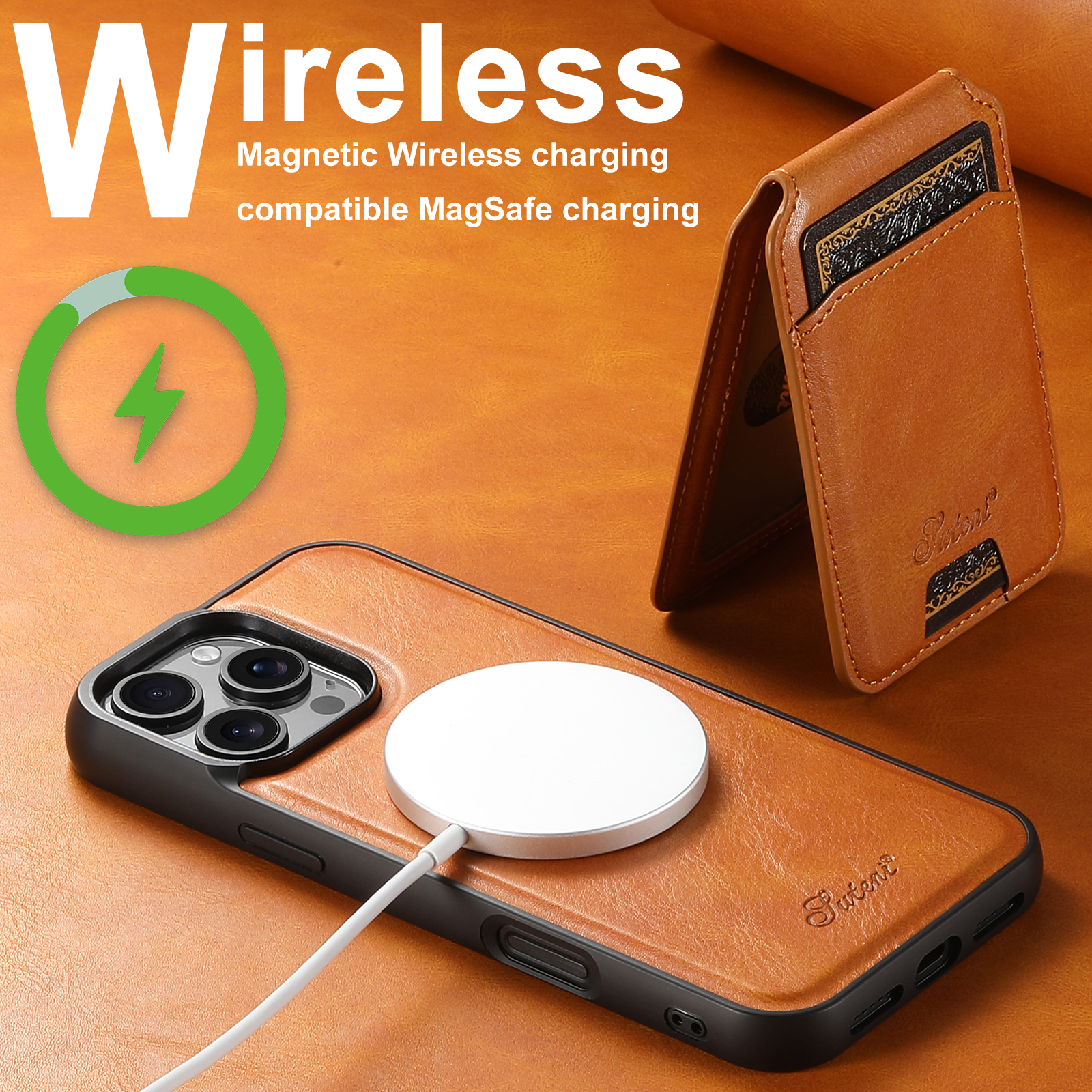 SUTENI H15 Wireless Charging Faux Leather Magnet Card Holder Stand Picture frame Phone Case For iPhone 17 Pro Max 16 Plus 15 14 13 12