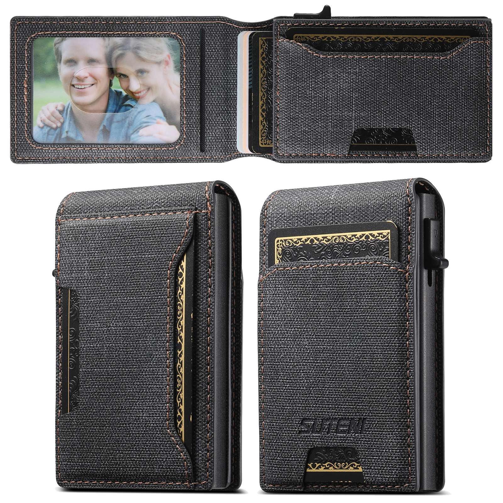 SUTENI With Card Holder For Men Card Slot Wallet Flip Cover PU Leather card box Pressing The Button Automatically Ejects The Card Wallet