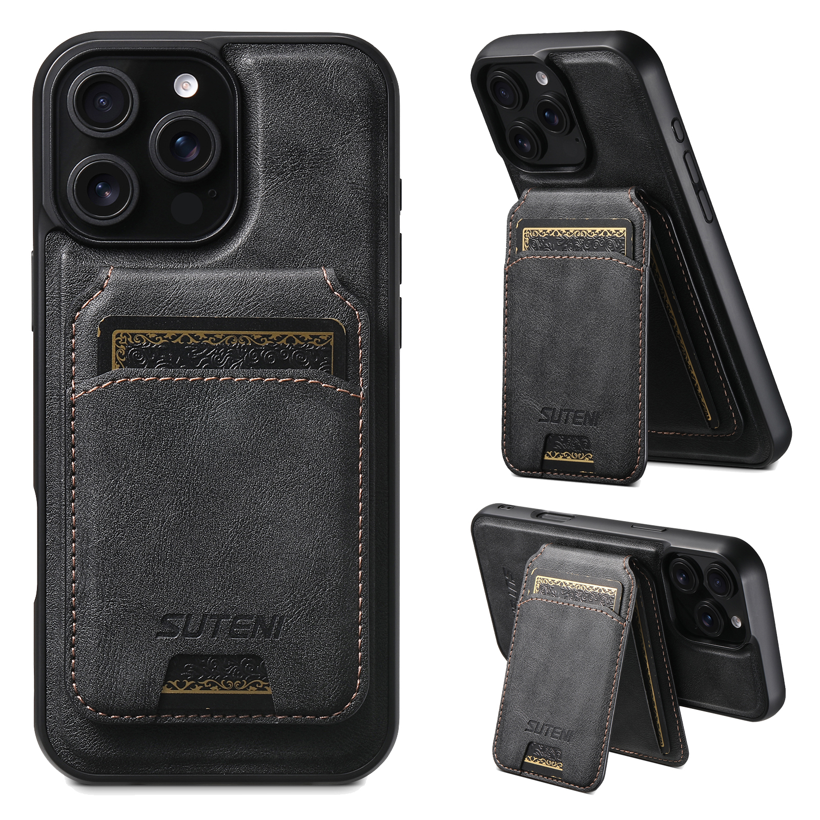SUTENI Wireless Charging Magnet PU Leather Phone Case Card Holder Stand For iPhone 16 Pro Max 15 Plus 14 Pro 13 12