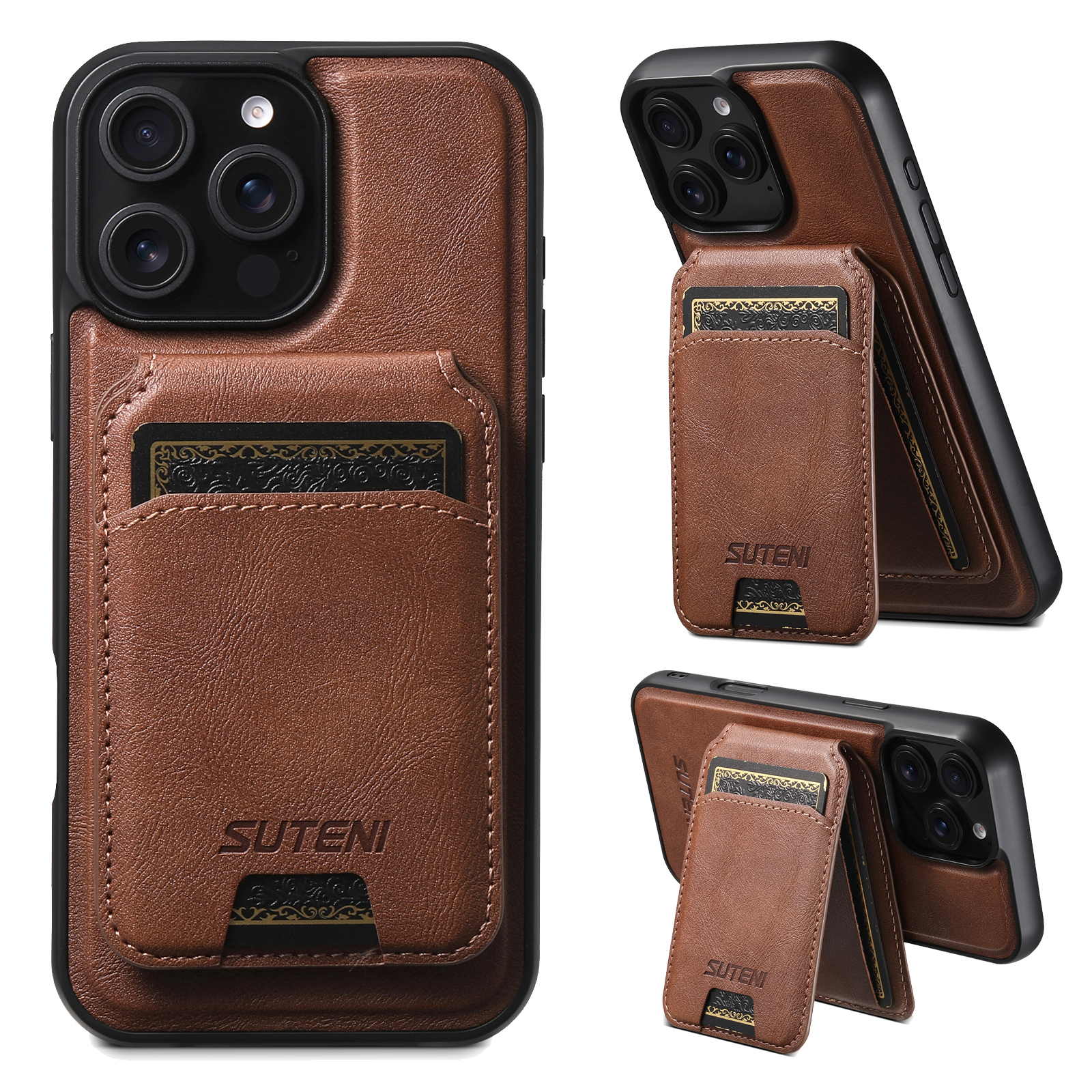 SUTENI Wireless Charging Magnet PU Leather Phone Case Card Holder Stand For iPhone 16 Pro Max 15 Plus 14 Pro 13 12