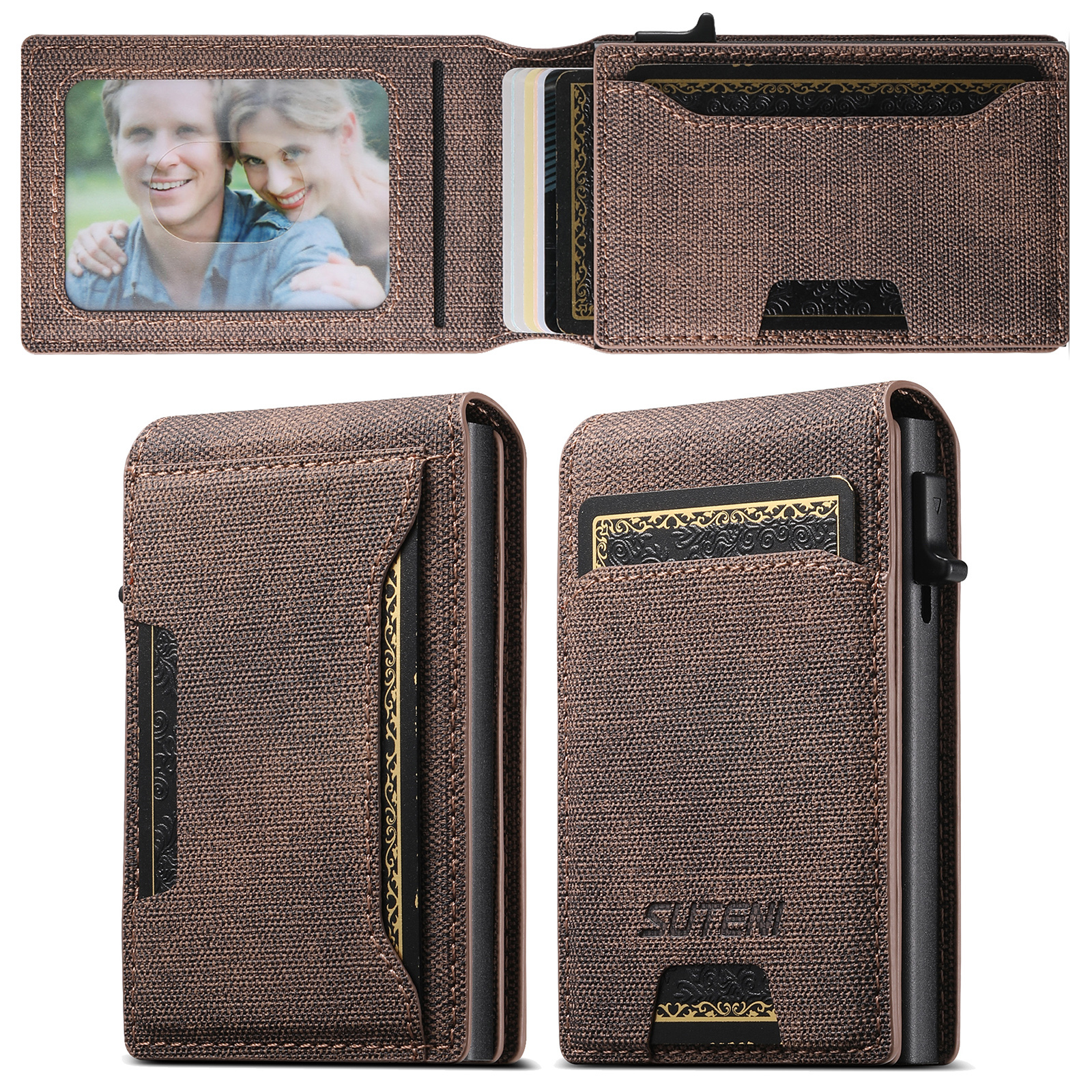 SUTENI With Card Holder For Men Card Slot Wallet Flip Cover PU Leather card box Pressing The Button Automatically Ejects The Card Wallet