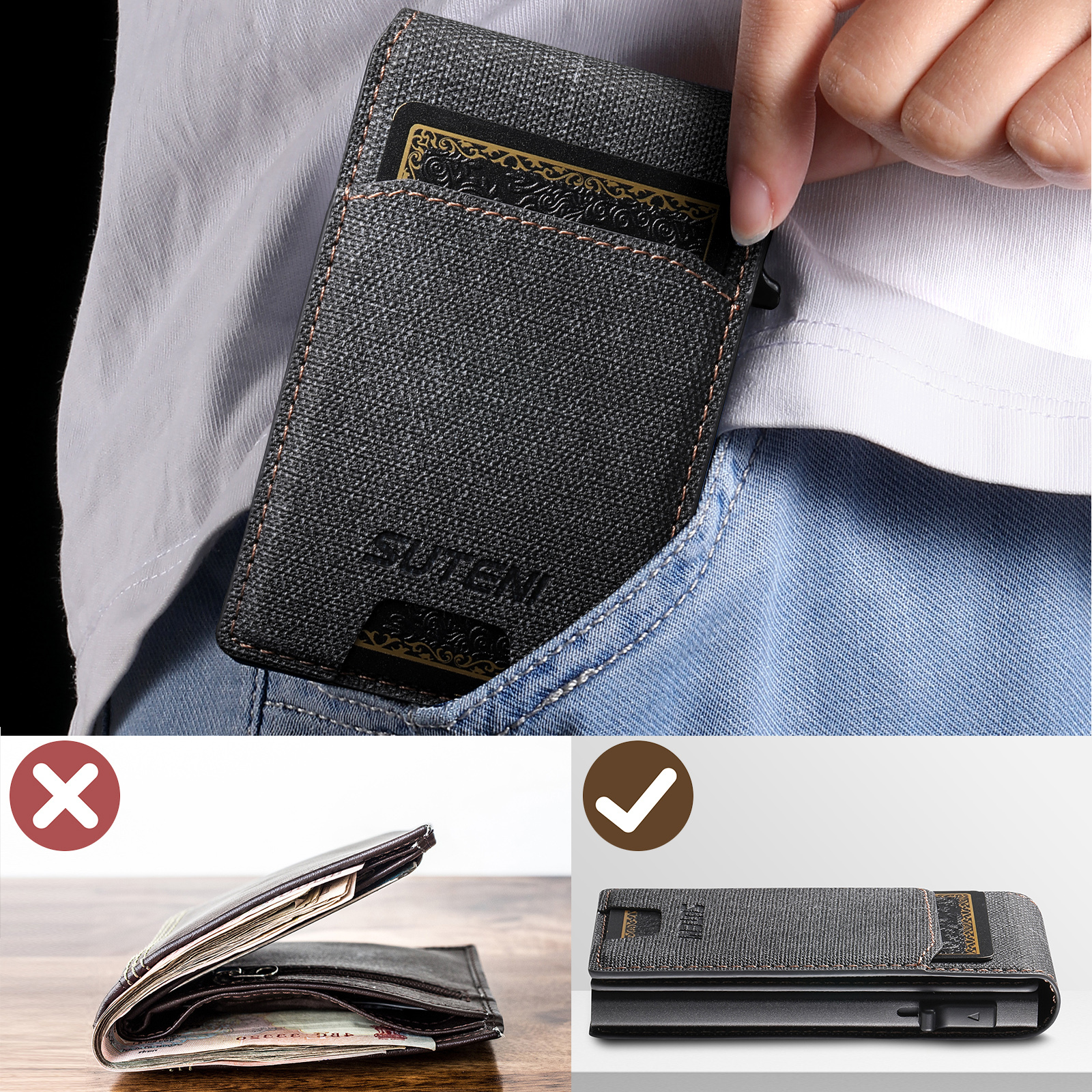 SUTENI With Card Holder For Men Card Slot Wallet Flip Cover PU Leather card box Pressing The Button Automatically Ejects The Card Wallet