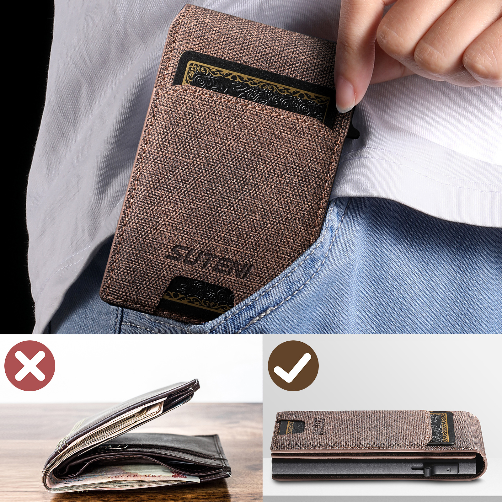 SUTENI With Card Holder For Men Card Slot Wallet Flip Cover PU Leather card box Pressing The Button Automatically Ejects The Card Wallet