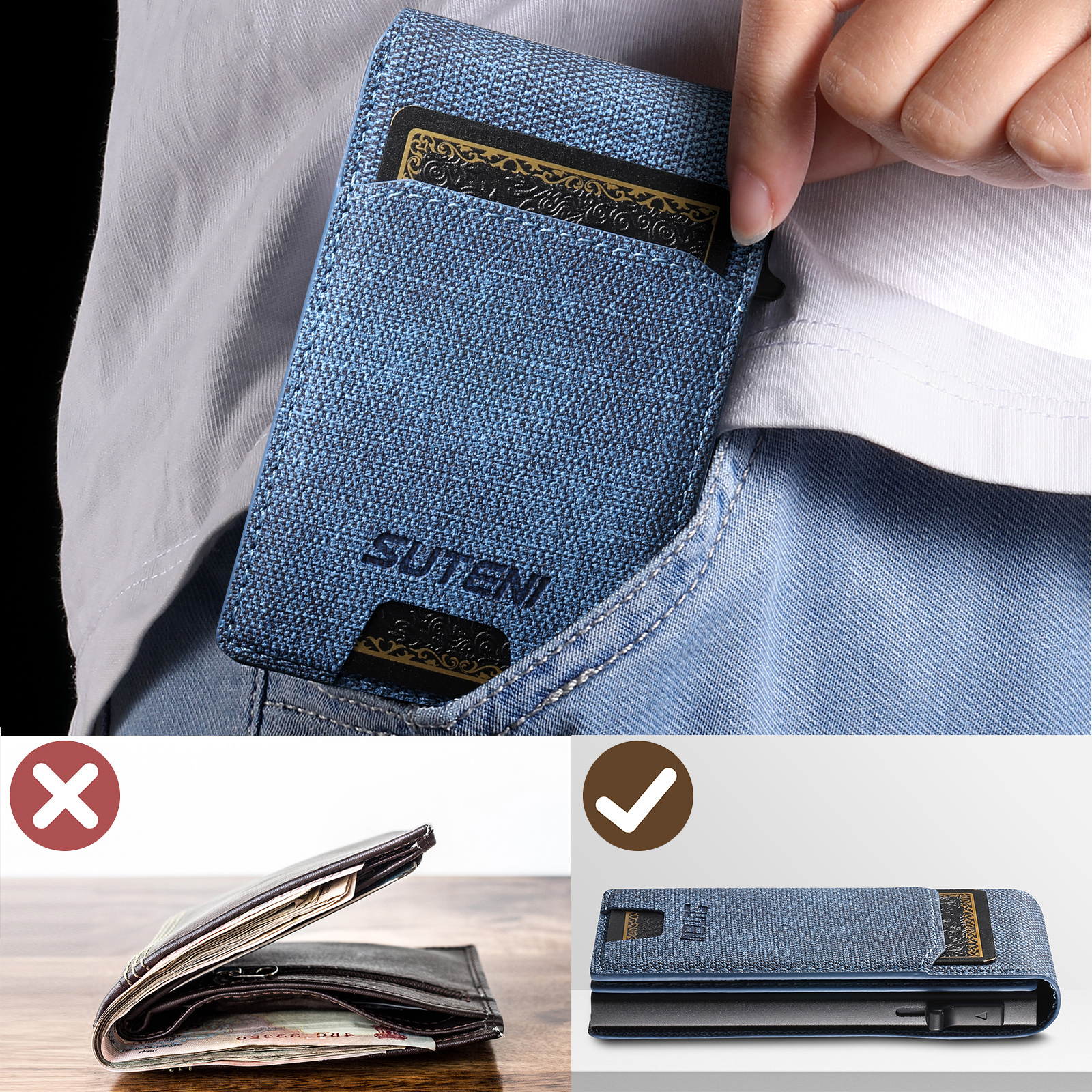 SUTENI KH2NZ With Card Holder For Men Card Slot Wallet Flip Cover PU Leather card box Pressing The Button Automatically Ejects The Card Wallet