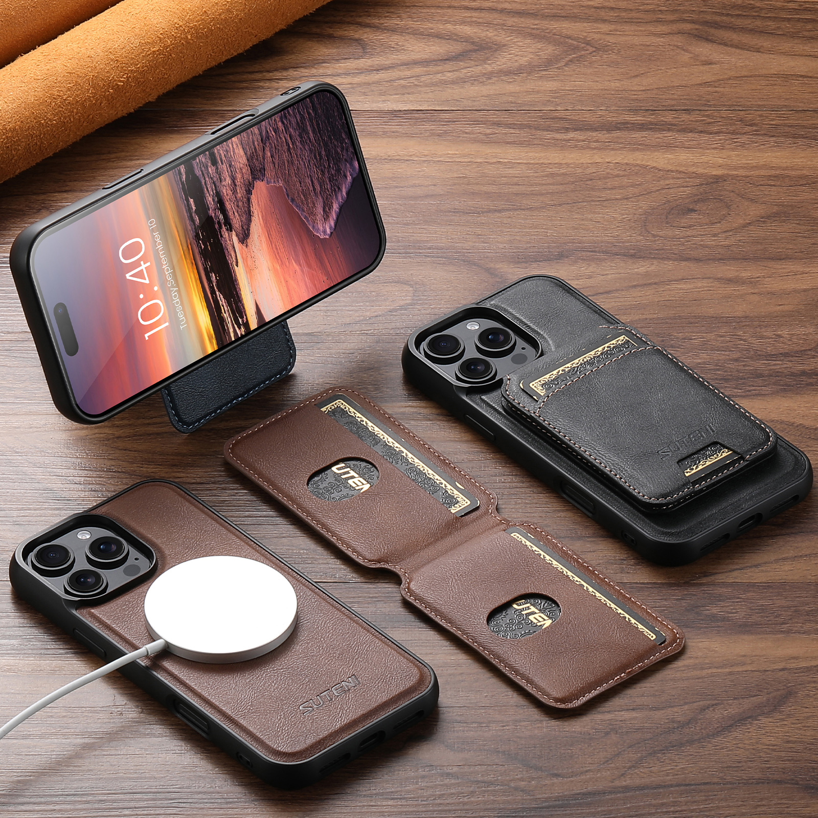 SUTENI Wireless Charging Magnet PU Leather Phone Case Card Holder Stand For iPhone 16 Pro Max 15 Plus 14 Pro 13 12
