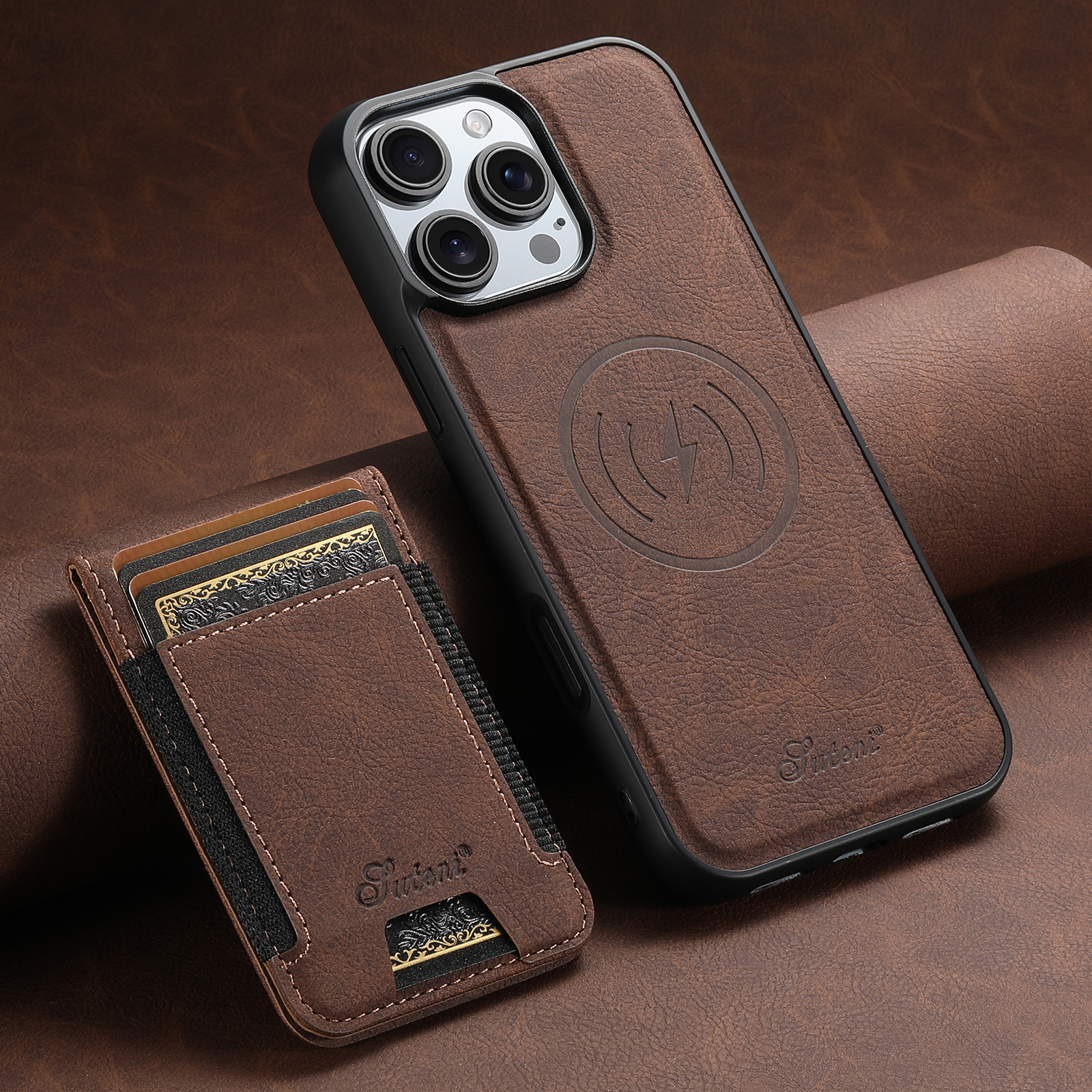 SUTENI H17LZ Magnet Wireless Charging Card Holder Stand Luxury PU Leather Phone Case For iPhone 16 Pro Max 15 Plus 14 Pro 13 12