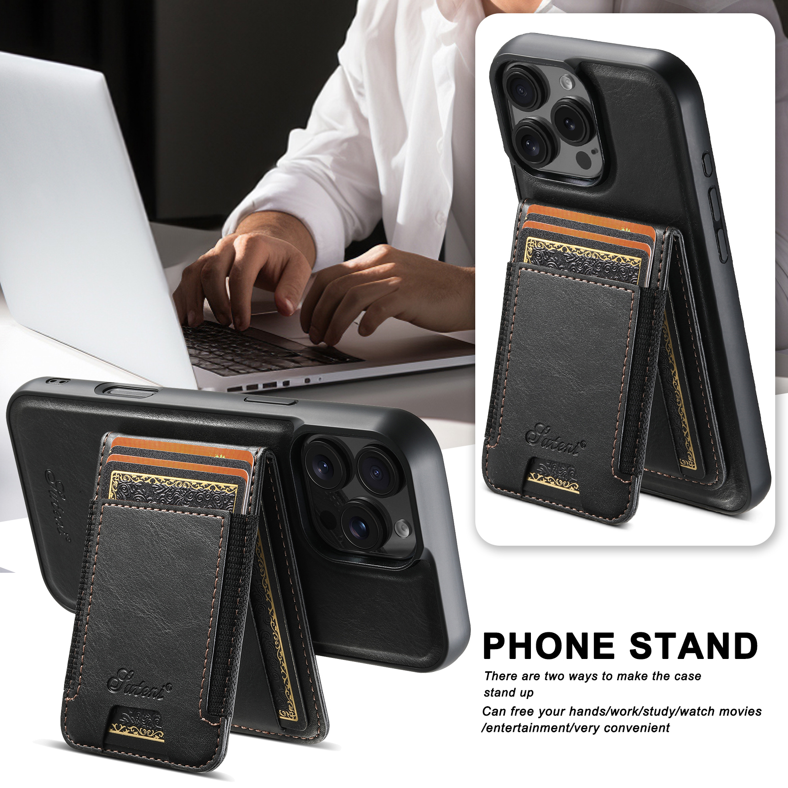 SUTENI H17YL PU Leather Phone Case Magnet Wireless Charging Card Holder StandFor iPhone 16 Pro Max 15 Plus 14 Pro 13 12