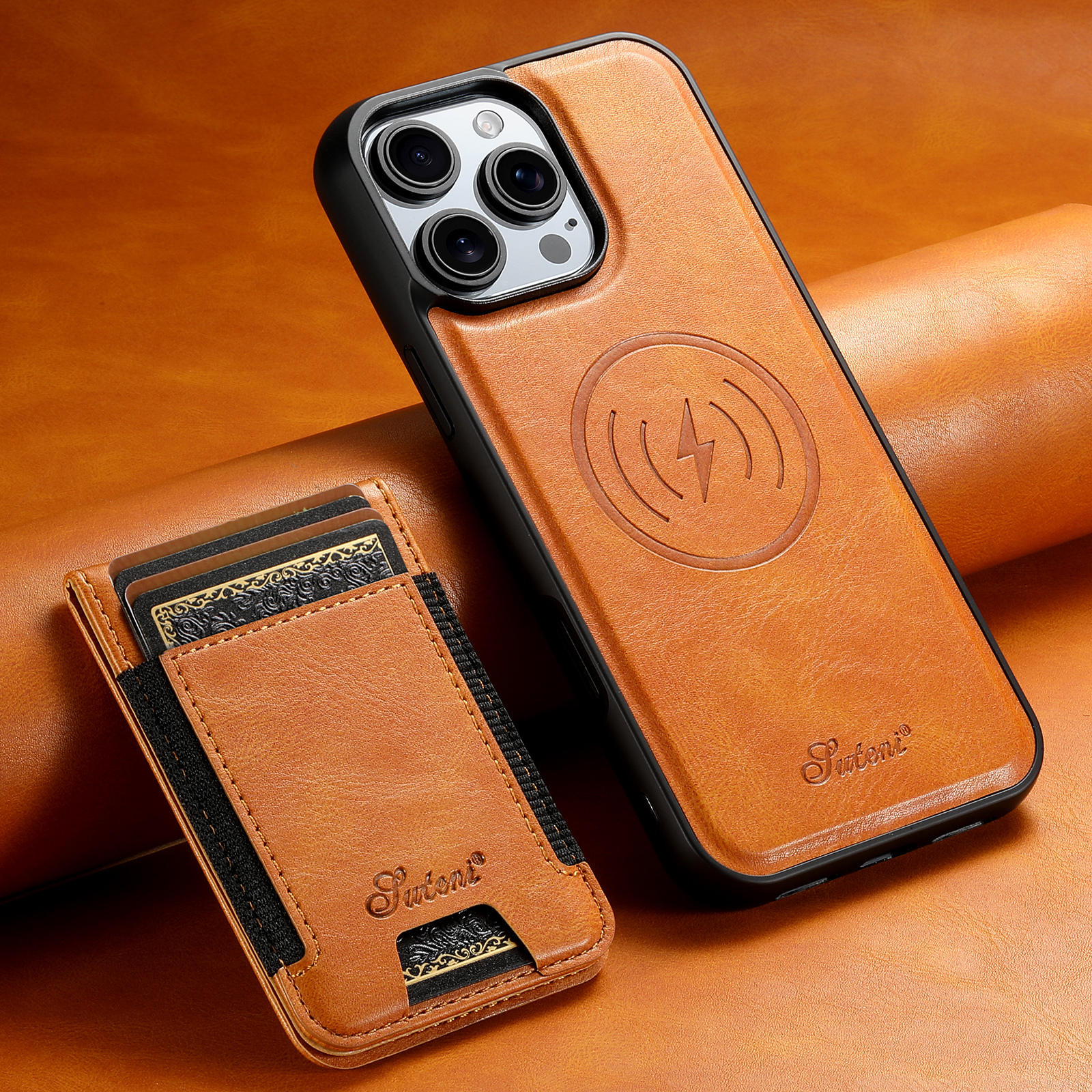 SUTENI H17YL Faux Leather Phone Case Wireless Charging Magnet Card Holder Stand For iPhone 17 Pro Max 16 Plus 15 14 13 12