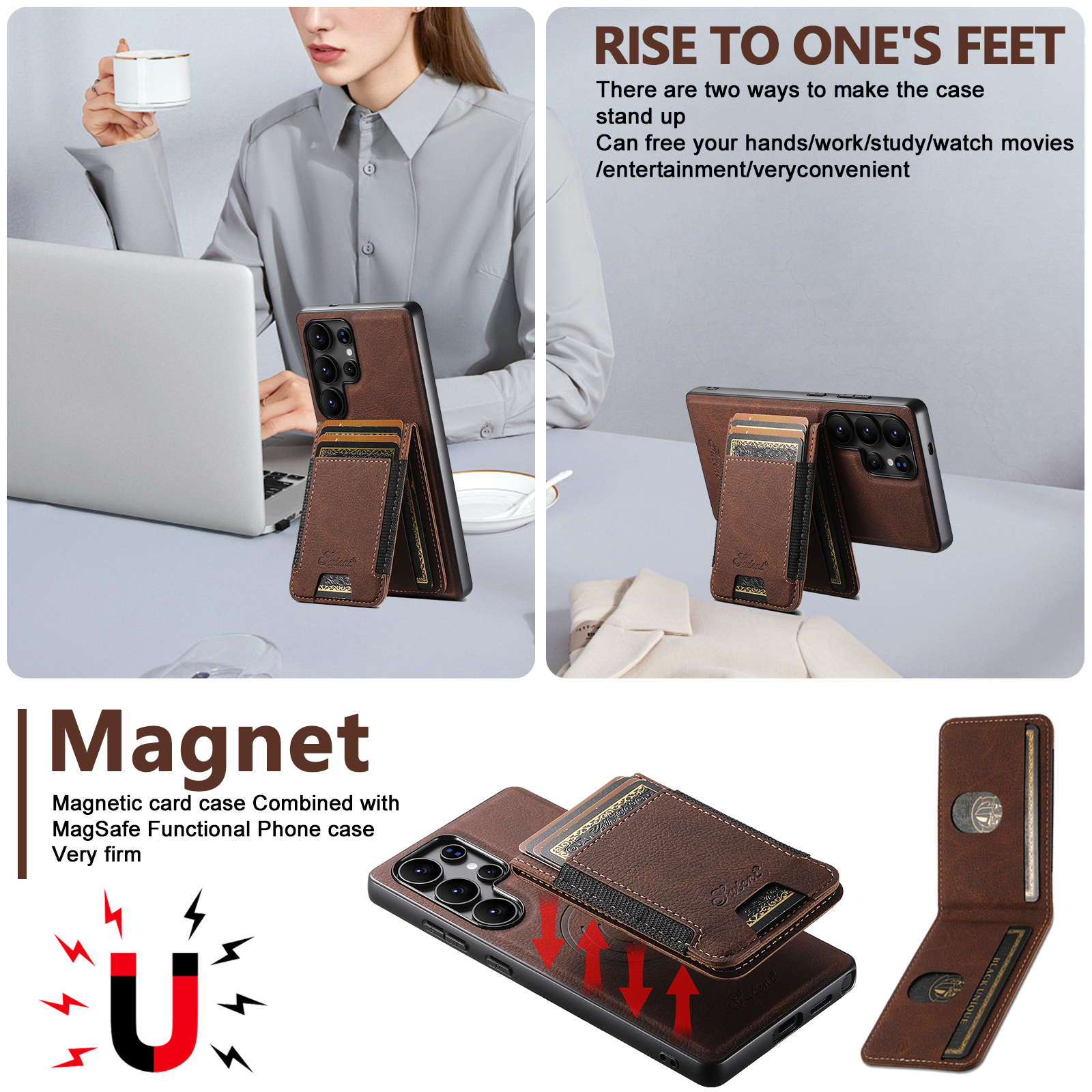 SUTENI H17LZ Magnet Wireless Charging Card Holder Stand Luxury PU Leather Phone Case For Samsung S25Ultra S24Plus S23 S22 Note20