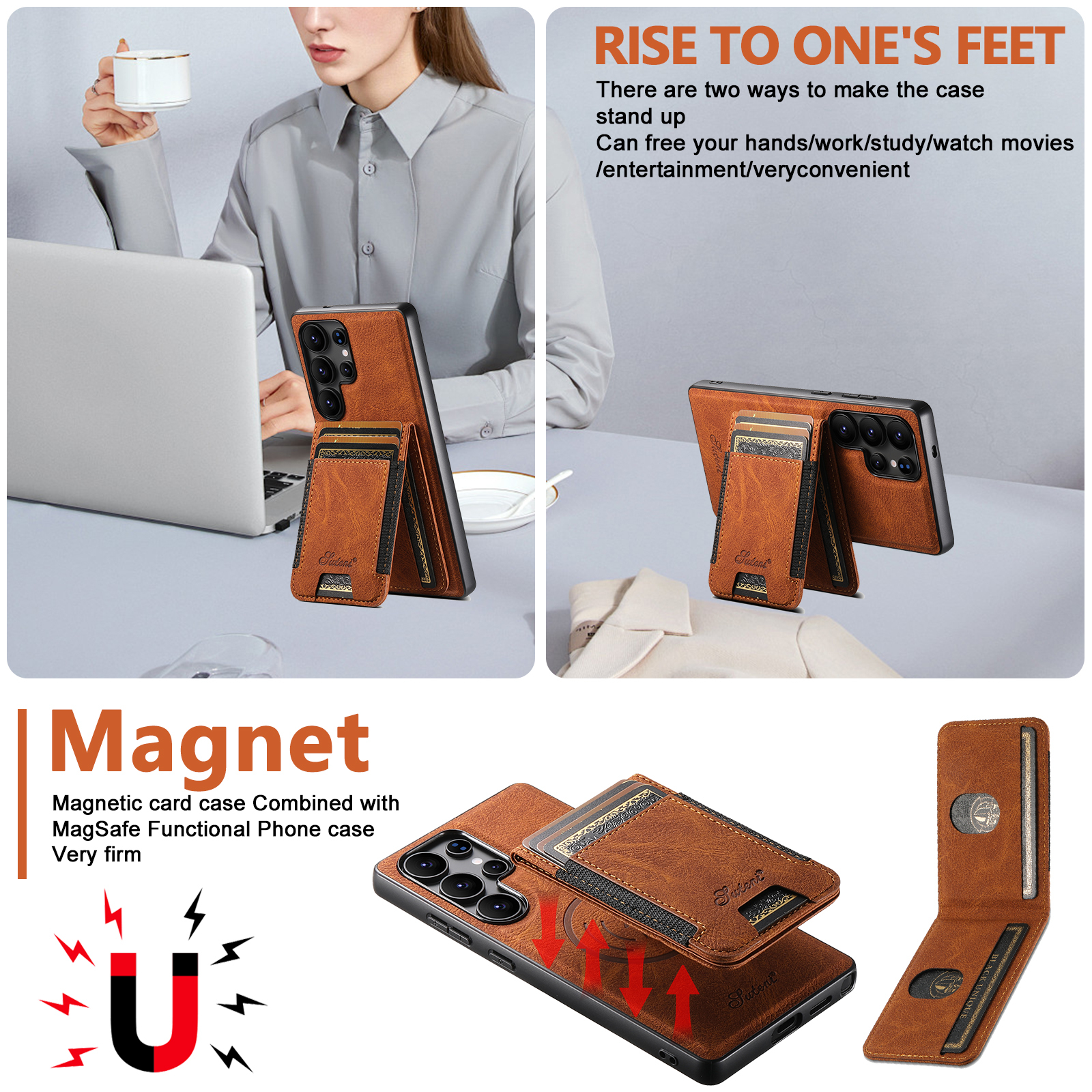 SUTENI H17LZ Magnet Wireless Charging Card Holder Stand Luxury PU Leather Phone Case For Samsung S26Ultra S25Plus S24 S23 S22 Note20