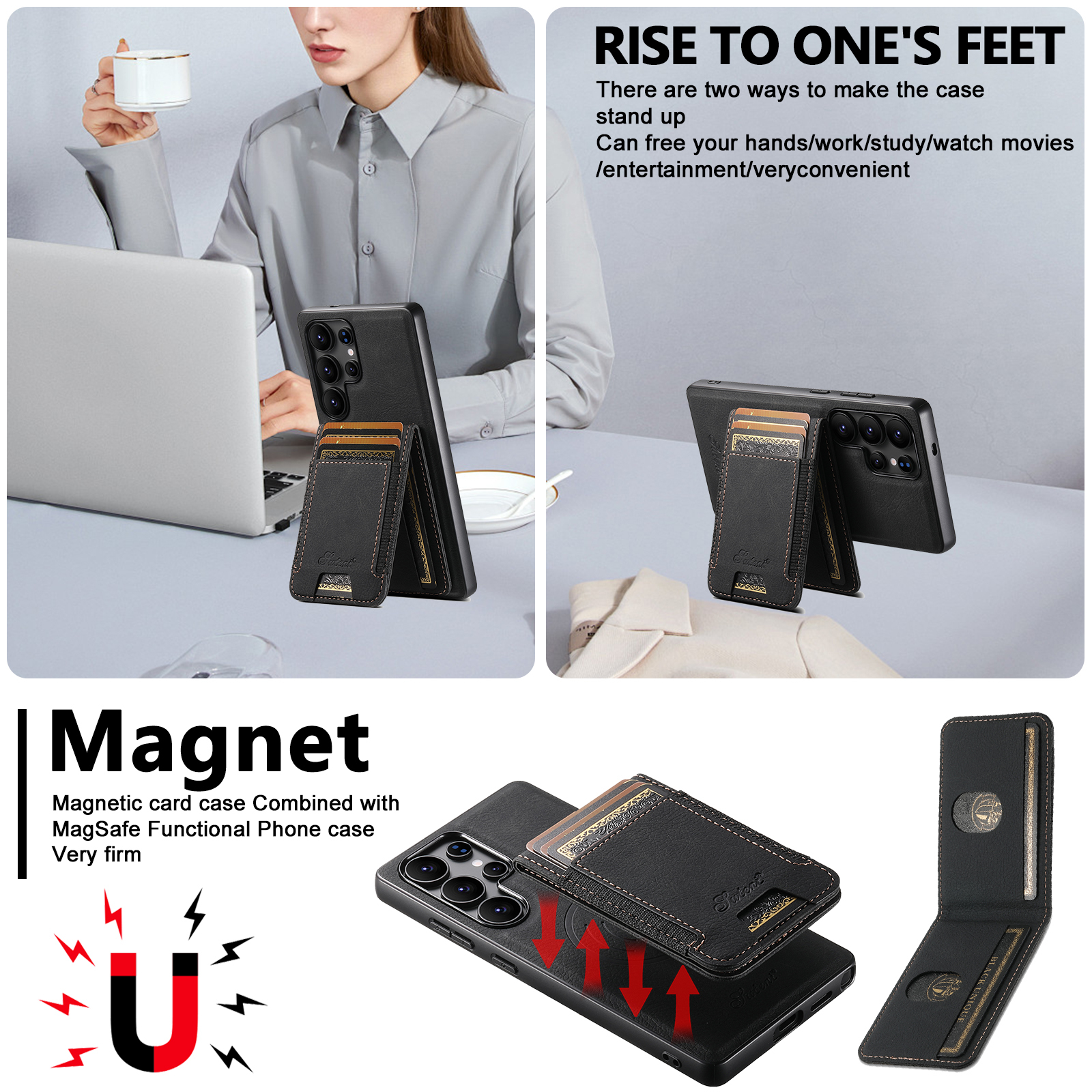 SUTENI H17LZ Magnet Wireless Charging Card Holder Stand Luxury PU Leather Phone Case For Samsung S25Ultra S24Plus S23 S22 Note20