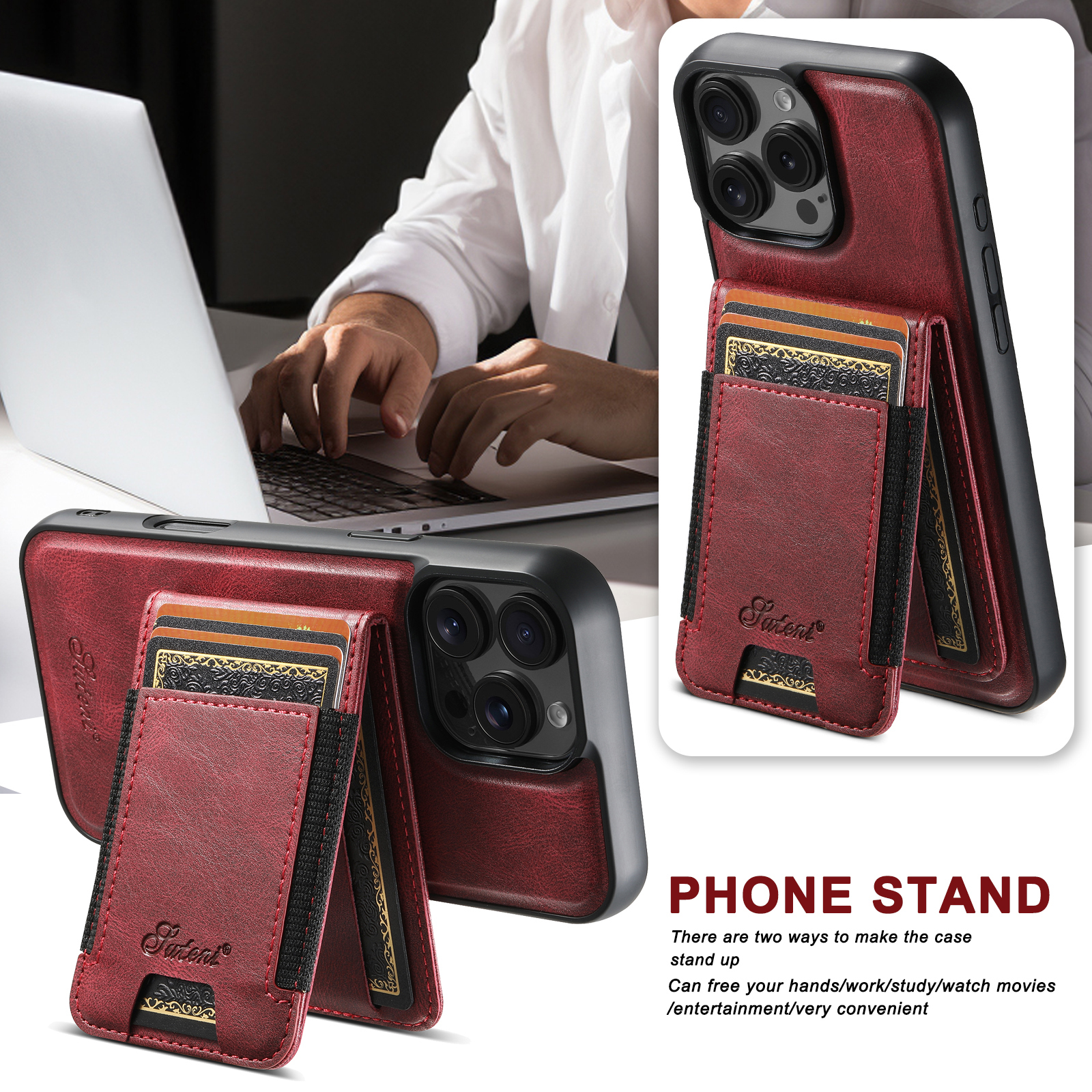 SUTENI H17YL Faux Leather Phone Case Wireless Charging Magnet Card Holder Stand For iPhone 17 Pro Max 16 Plus 15 14 13 12