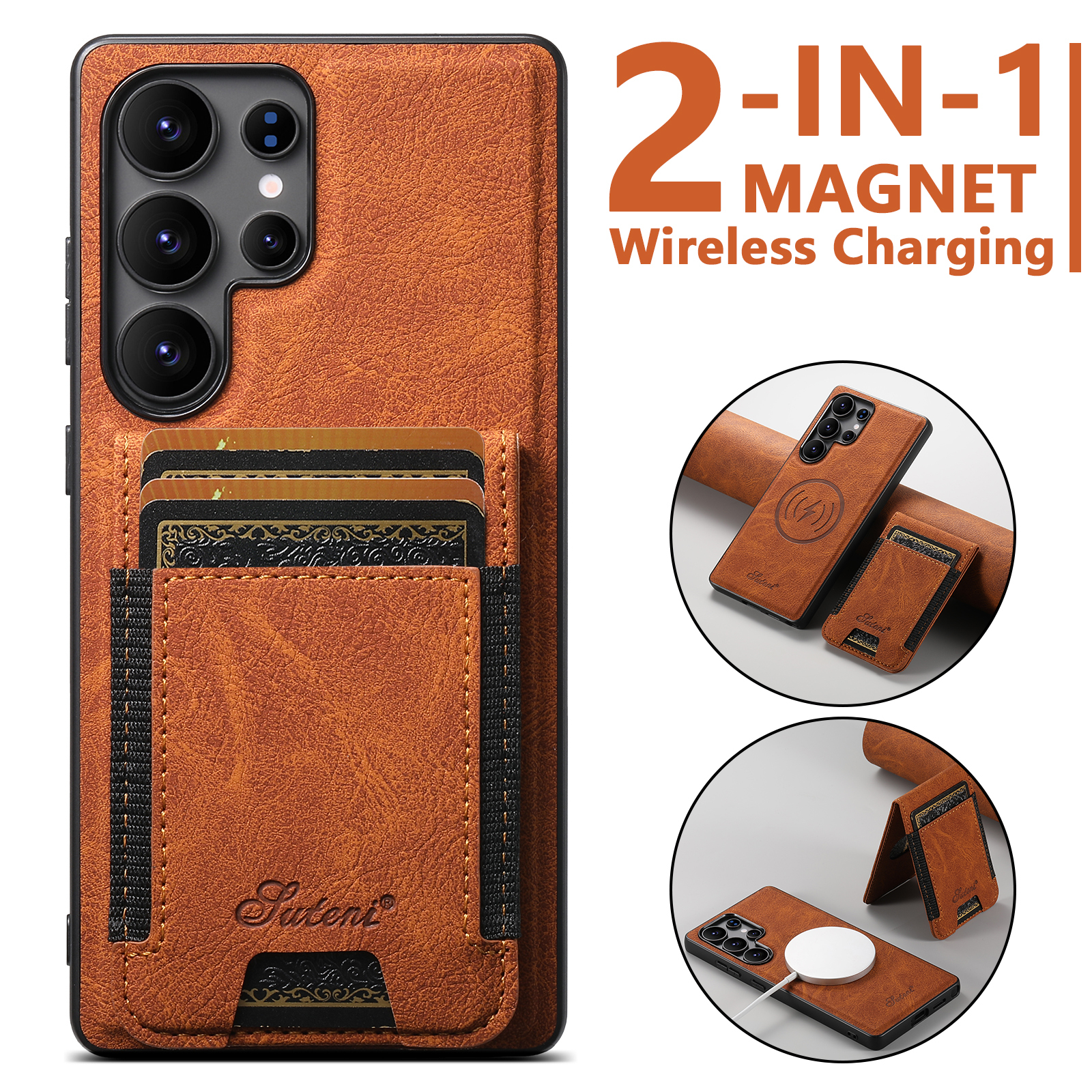 SUTENI H17LZ Magnet Wireless Charging Card Holder Stand Luxury PU Leather Phone Case For Samsung S26Ultra S25Plus S24 S23 S22 Note20