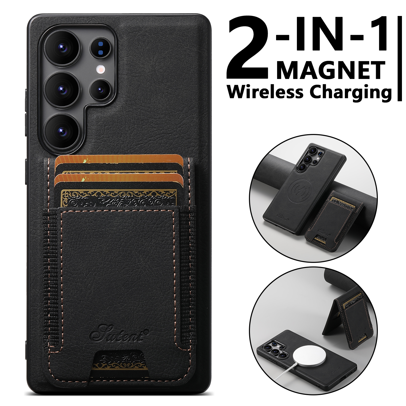SUTENI H17LZ Magnet Wireless Charging Card Holder Stand Luxury PU Leather Phone Case For Samsung S25Ultra S24Plus S23 S22 Note20