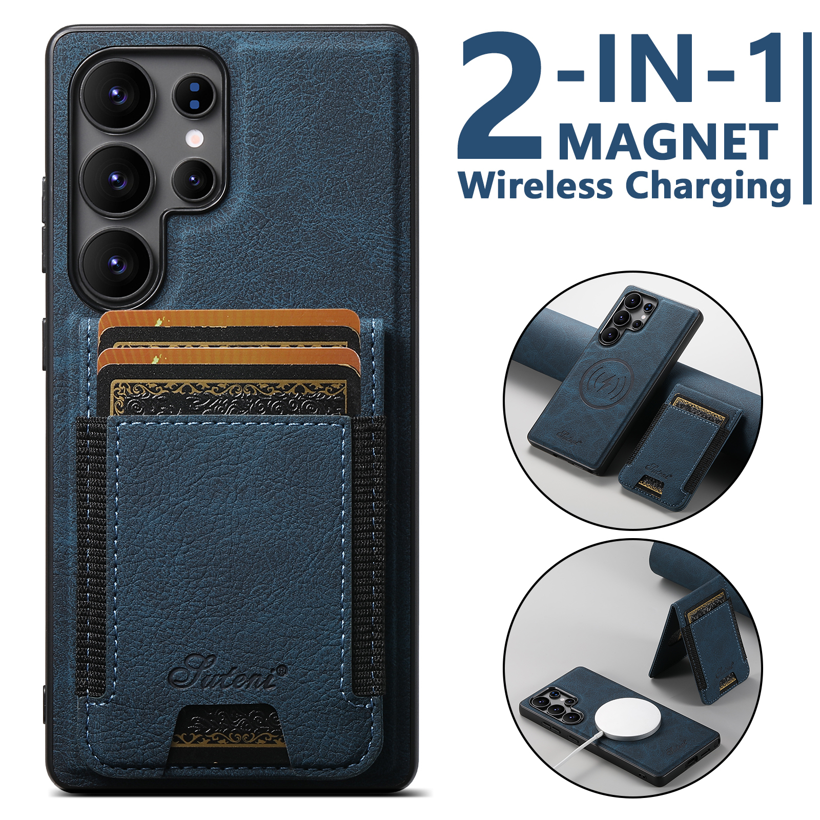 SUTENI H17LZ Magnet Wireless Charging Card Holder Stand Luxury PU Leather Phone Case For Samsung S25Ultra S24Plus S23 S22 Note20