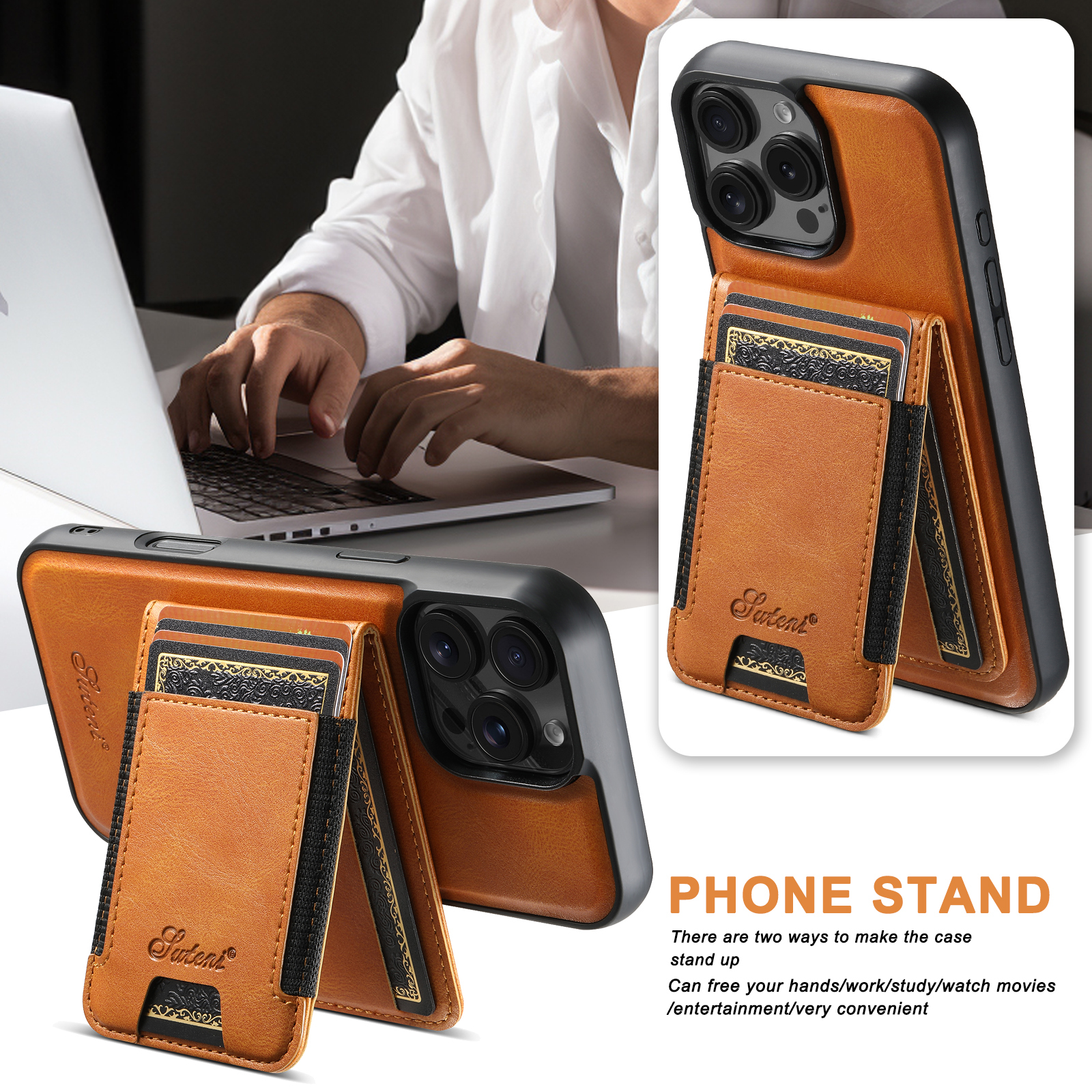 SUTENI H17YL Faux Leather Phone Case Wireless Charging Magnet Card Holder Stand For iPhone 17 Pro Max 16 Plus 15 14 13 12