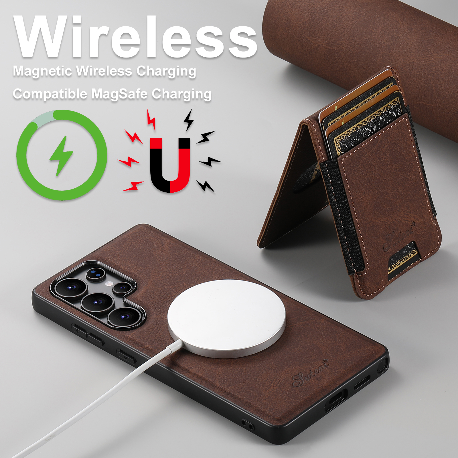 SUTENI H17LZ Magnet Wireless Charging Card Holder Stand Luxury PU Leather Phone Case For Samsung S25Ultra S24Plus S23 S22 Note20