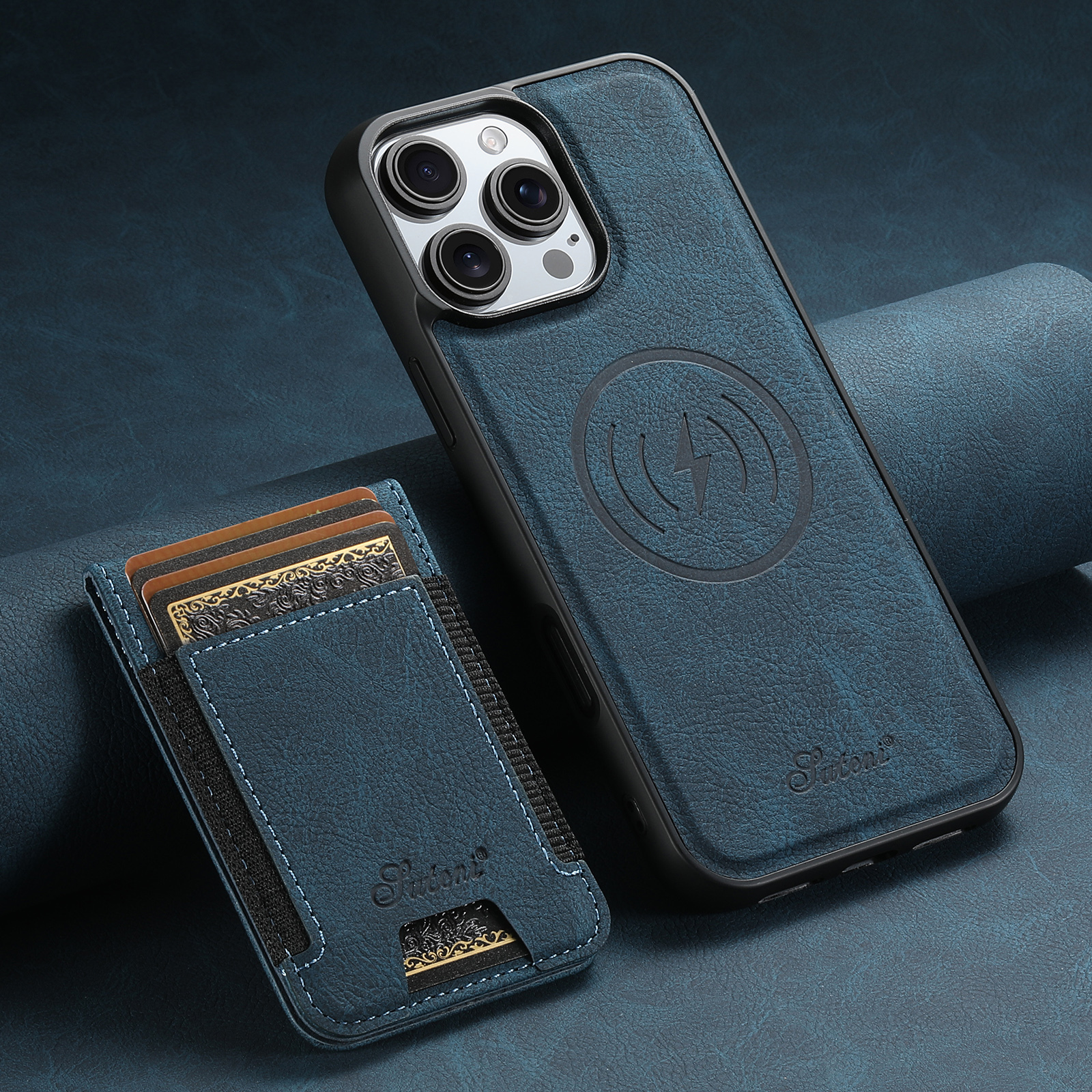 SUTENI H17LZ Magnet Wireless Charging Card Holder Stand Luxury PU Leather Phone Case For iPhone 16 Pro Max 15 Plus 14 Pro 13 12