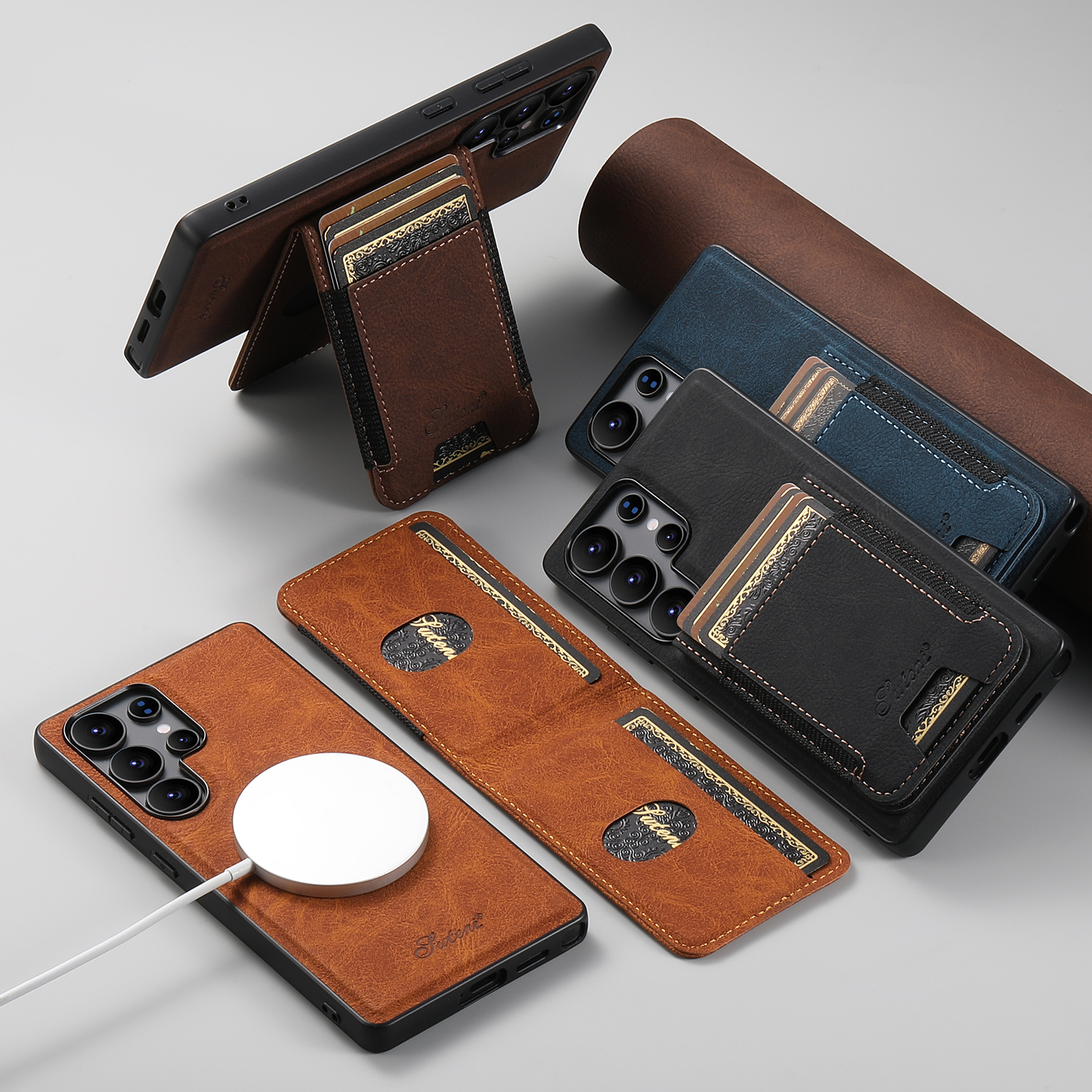 SUTENI H17LZ Magnet Wireless Charging Card Holder Stand Luxury PU Leather Phone Case For Samsung S25Ultra S24Plus S23 S22 Note20