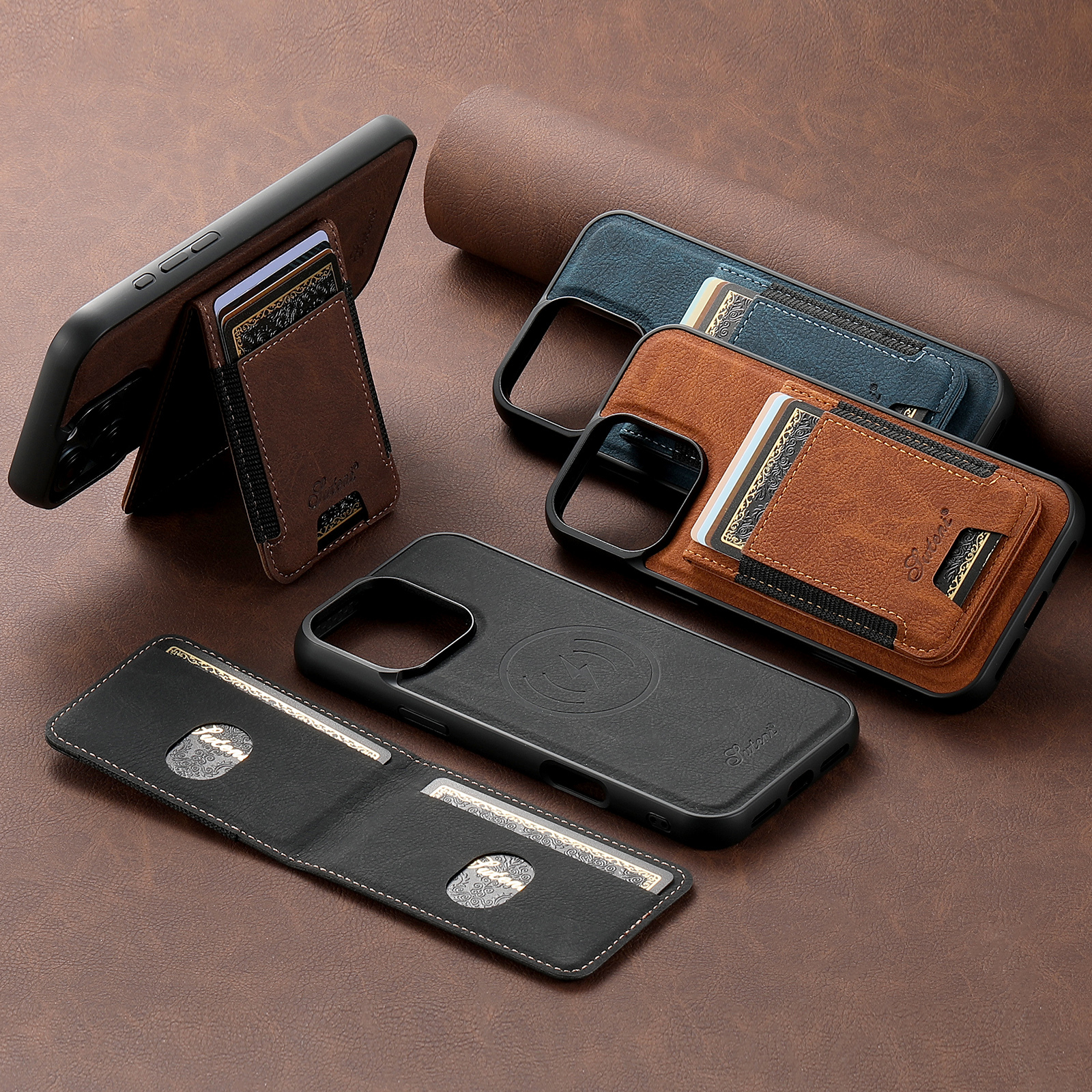 SUTENI H17LZ Magnet Wireless Charging Card Holder Stand Luxury PU Leather Phone Case For iPhone 16 Pro Max 15 Plus 14 Pro 13 12