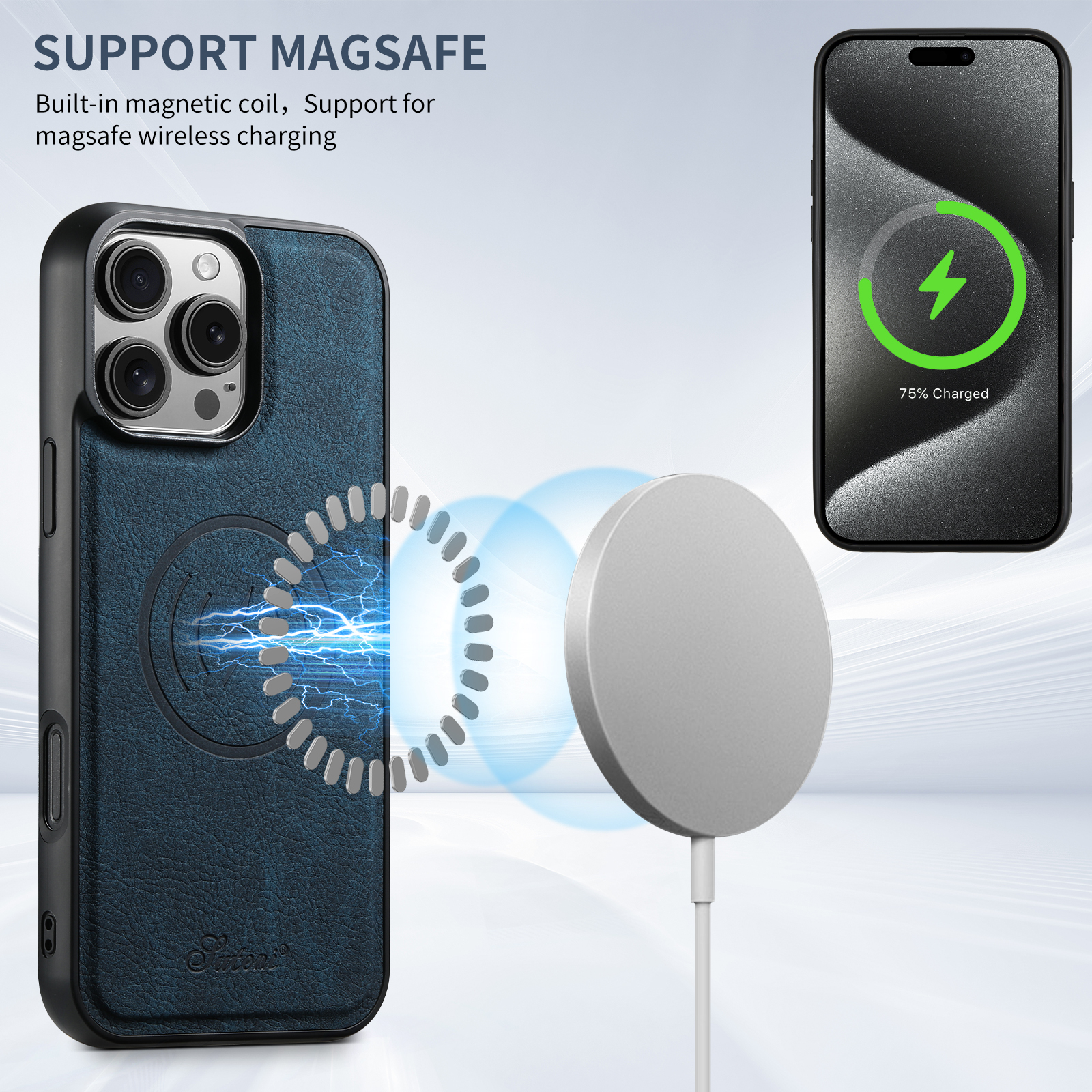 SUTEaNI H16DK Luxury PU Leather Phone Case Magnet Wireless Charging Frosted Feel For iPhone 16 Pro Max 15 Plus 14 13 12